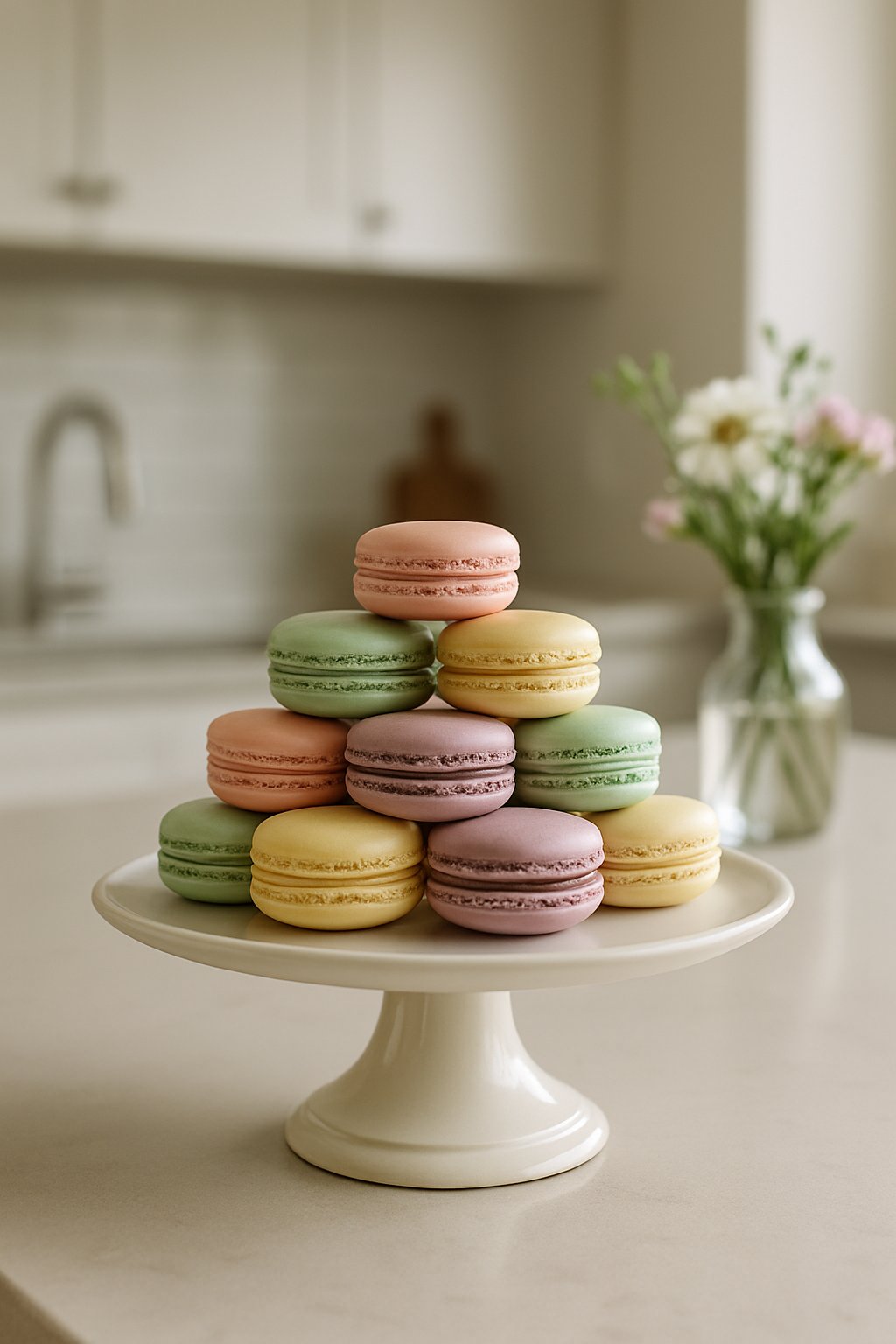 Stacked pastel-colored macarons on a cake stand placed on a kitchen island.
