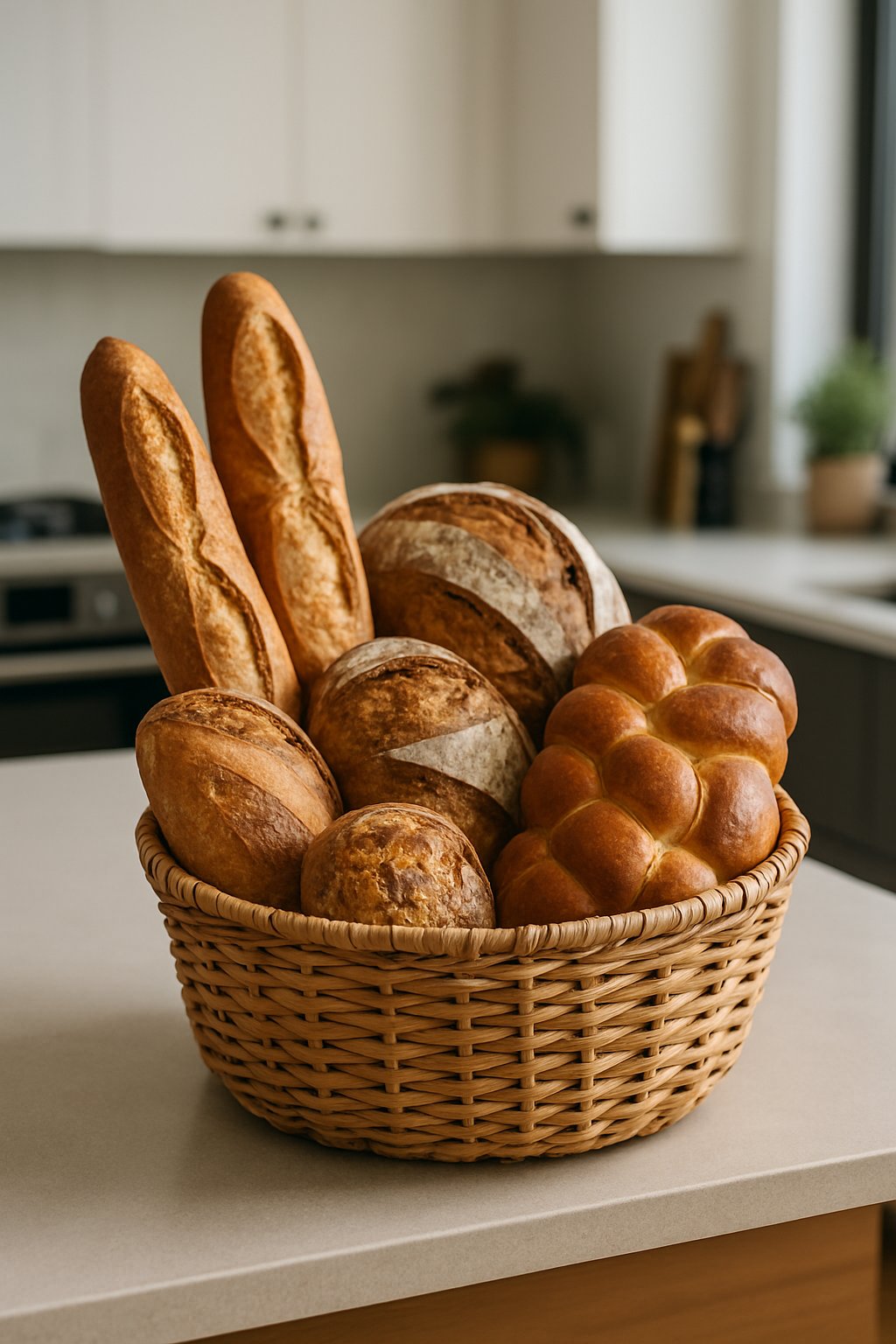 A woven basket filled with various artisan breads placed on a kitchen island countertop.