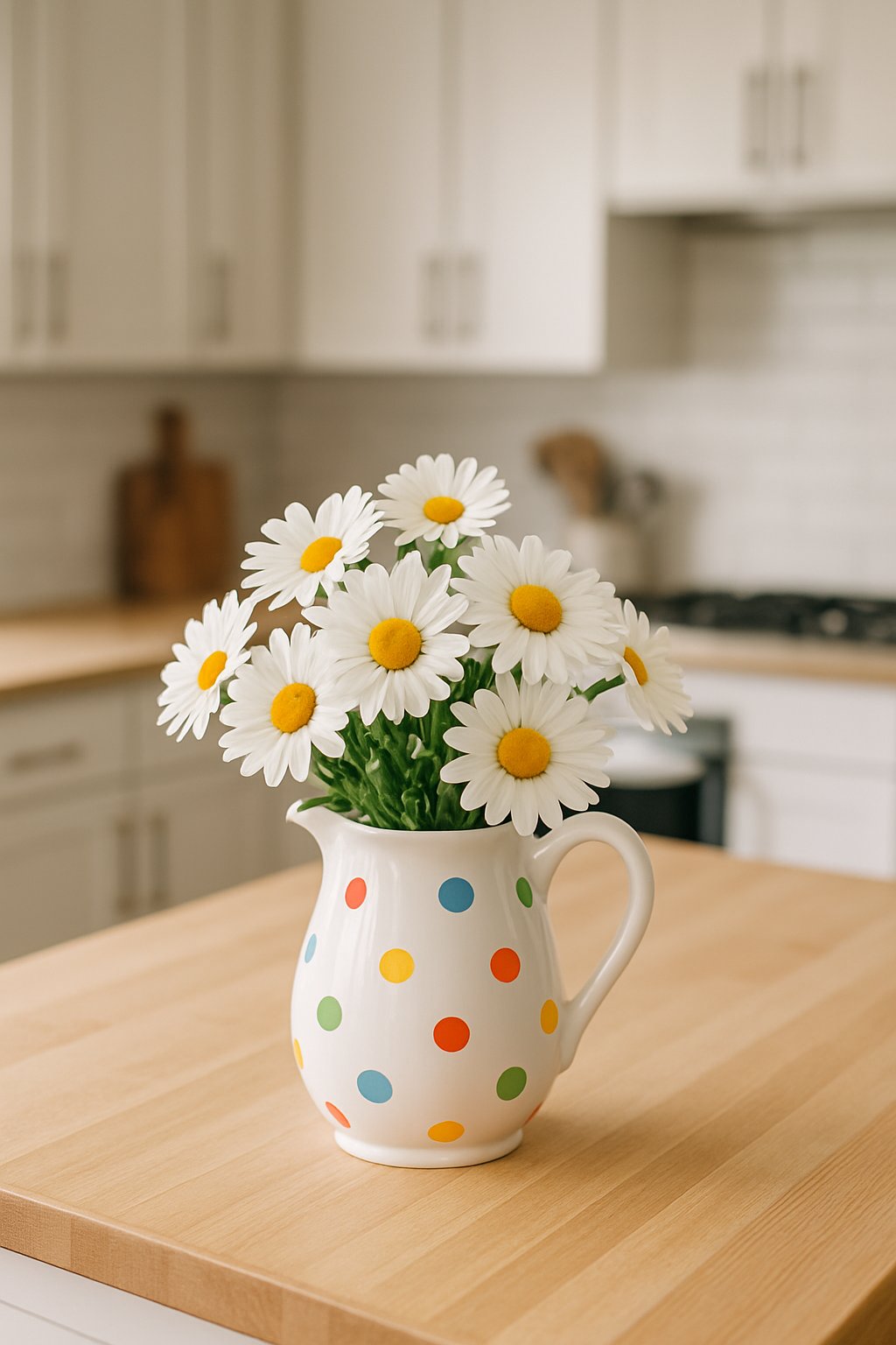 A white polka dot pitcher filled with white daisies sitting on a kitchen island countertop.