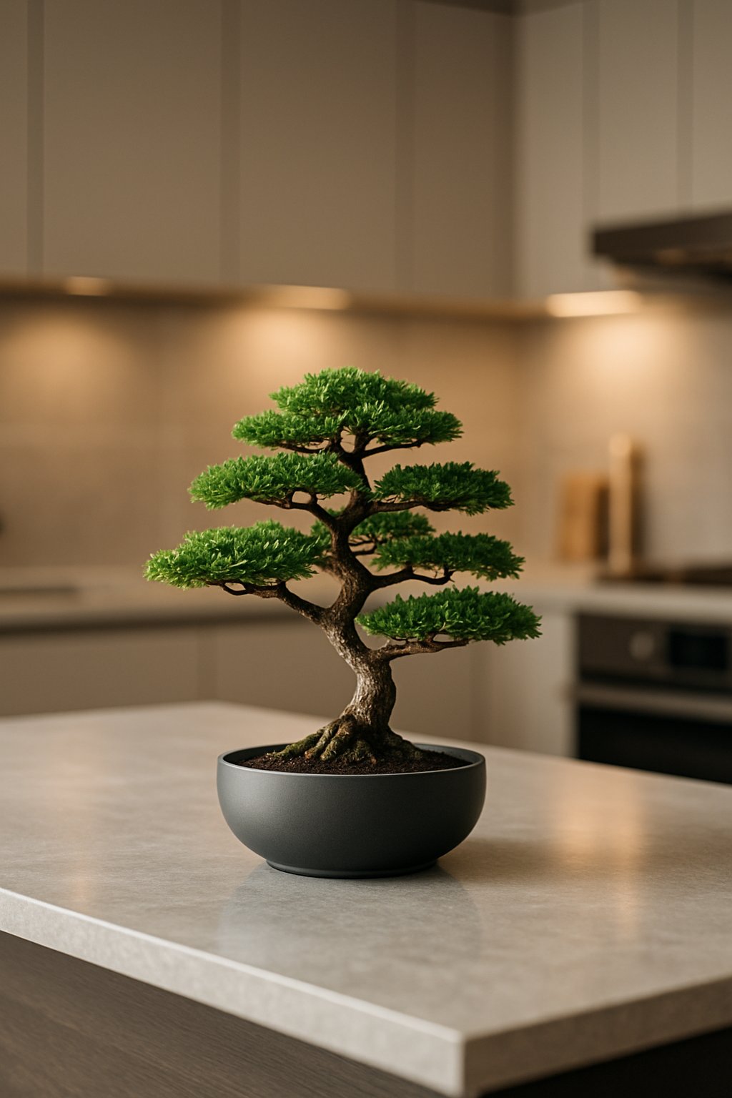 A tiny bonsai tree in a sleek pot placed on a kitchen island countertop.