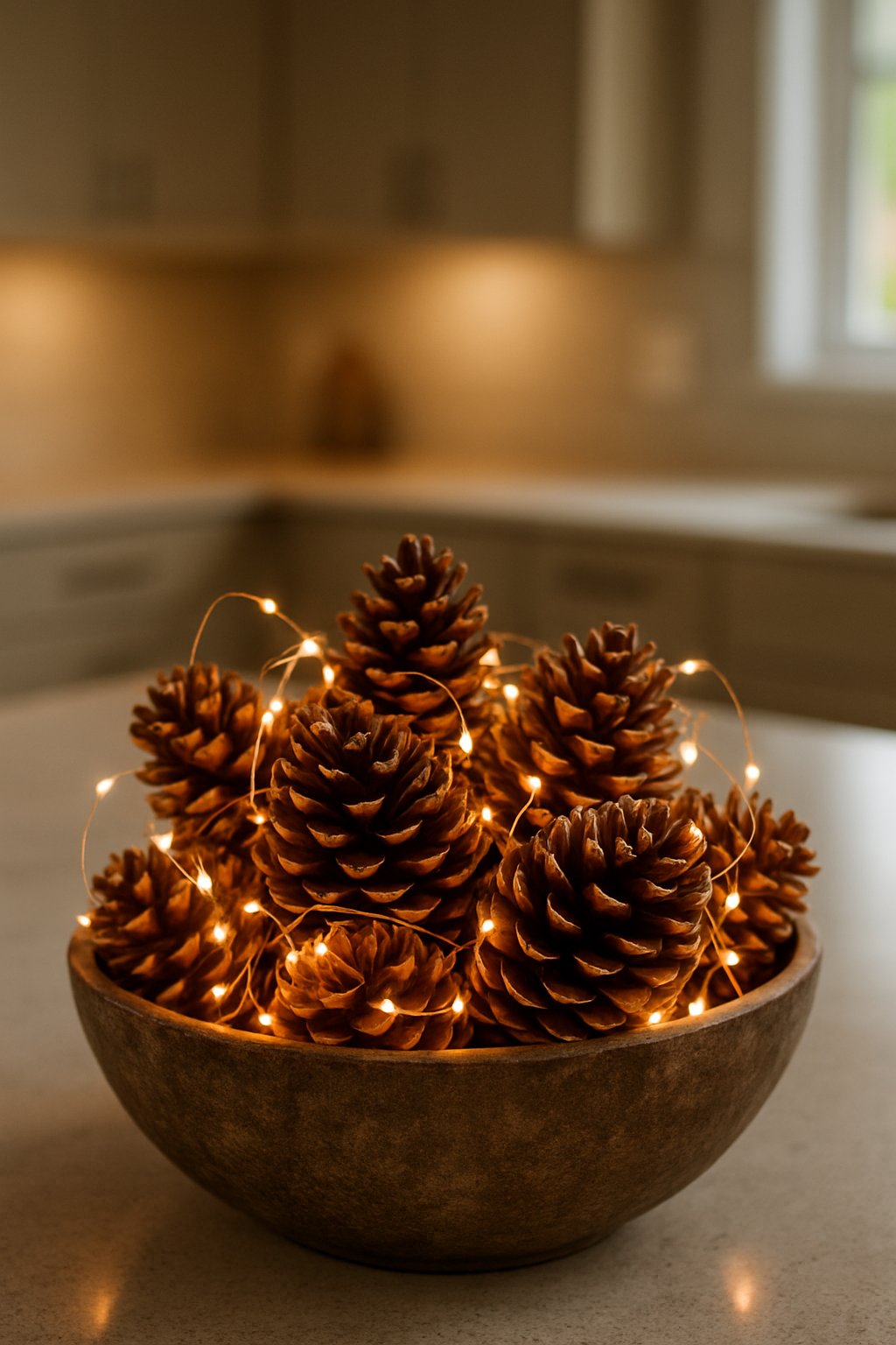 A bowl of shiny pine cones with warm fairy lights on a kitchen island countertop.