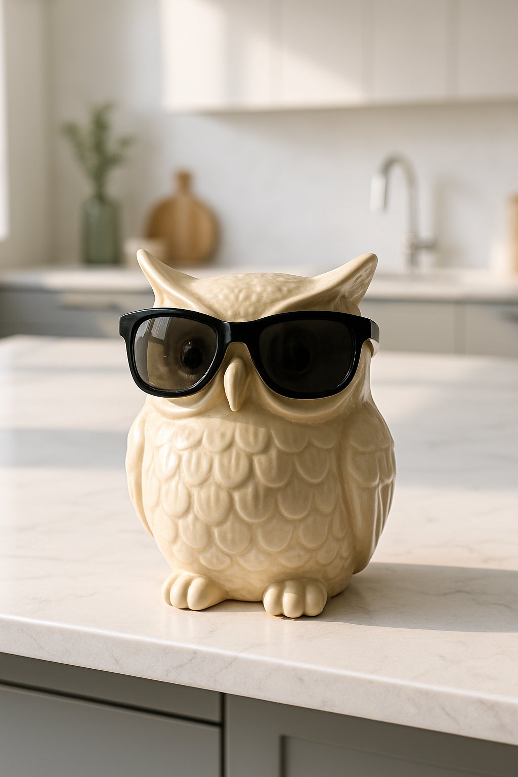 Ceramic owl figurine wearing sunglasses displayed on a kitchen island countertop.