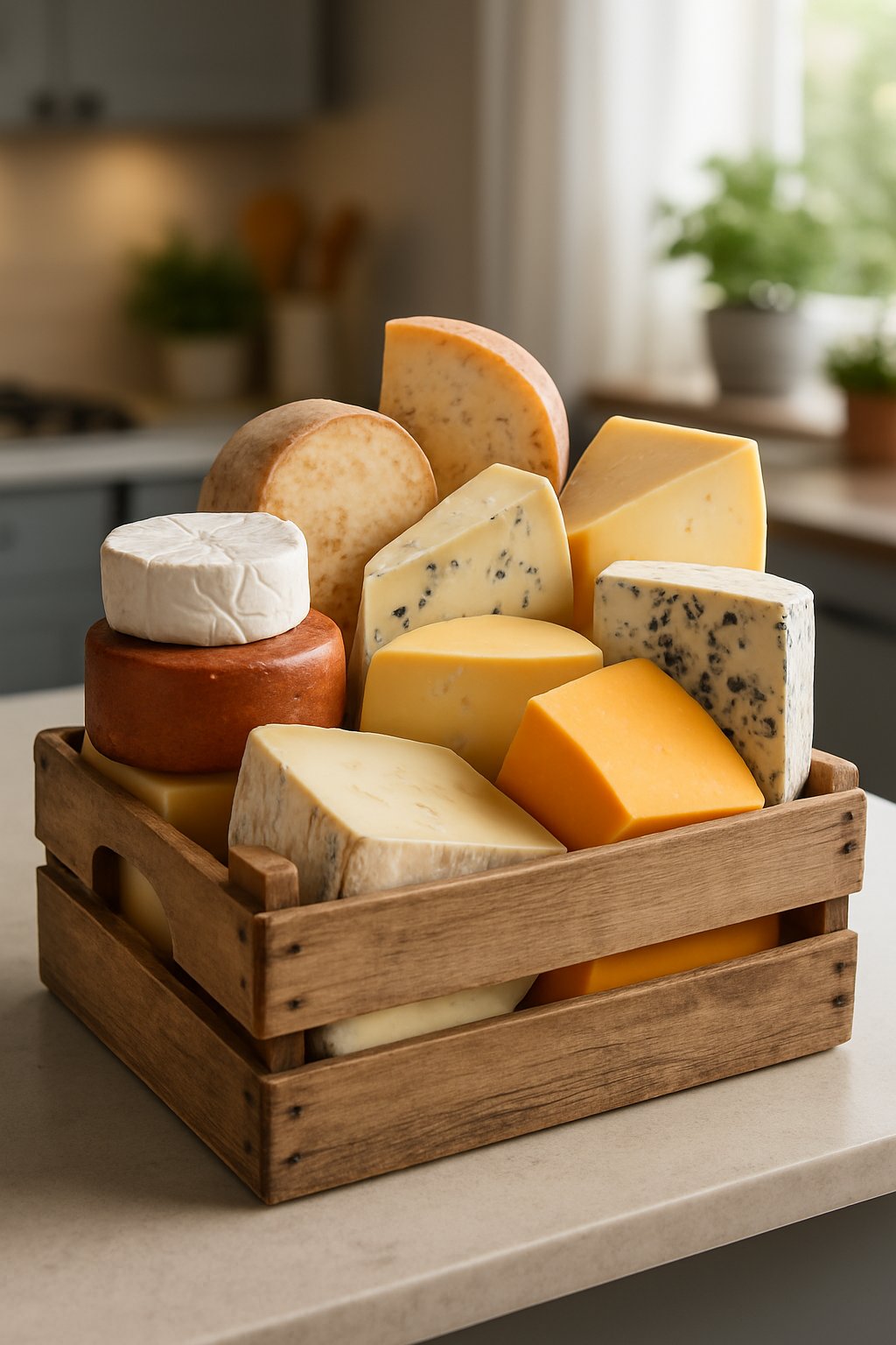 A wooden crate filled with various types of cheeses placed on a kitchen island countertop.