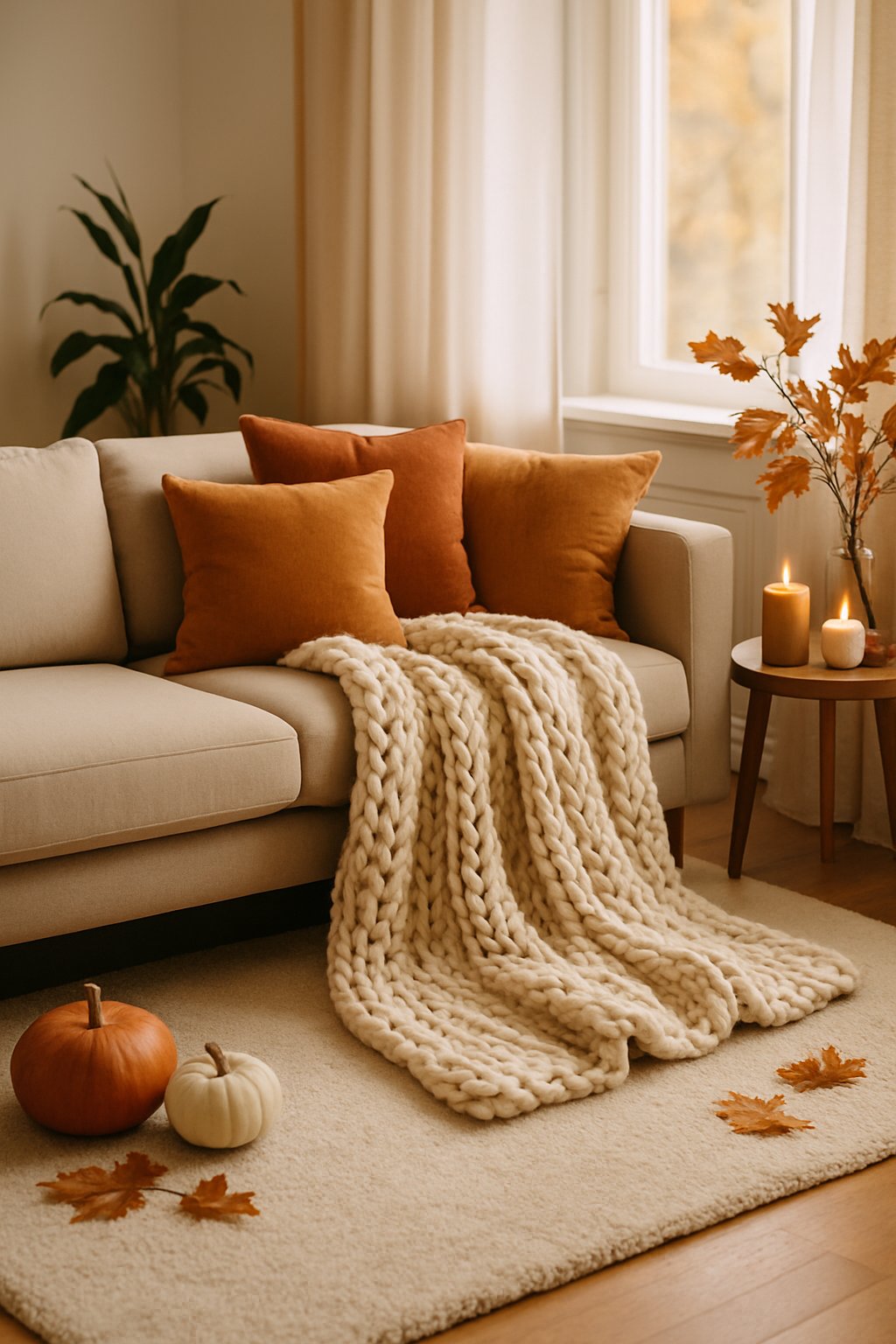 A sofa with a chunky knit throw blanket in a cozy living room decorated for fall.