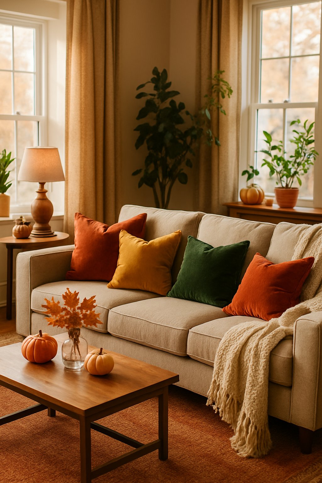A cozy living room with a sofa decorated with rust, mustard, and deep green velvet cushions, surrounded by warm autumn decorations and natural light.