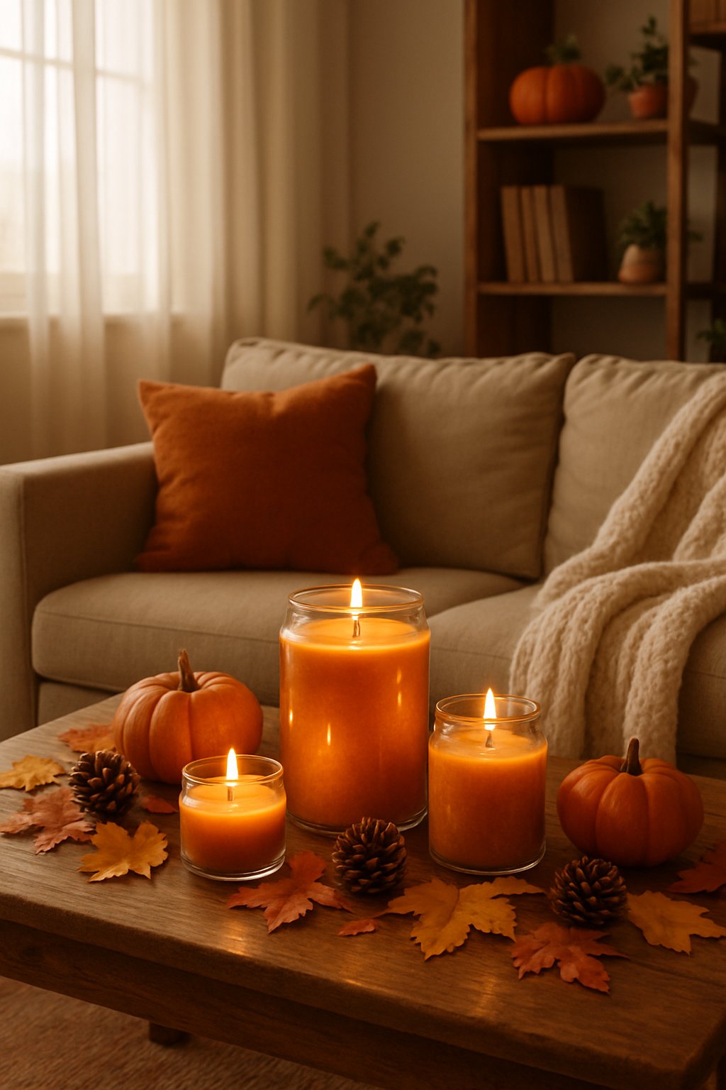 A cozy fall living room with pumpkin-scented candles, autumn decorations, a comfortable sofa with cushions and a knitted blanket, and warm natural light.