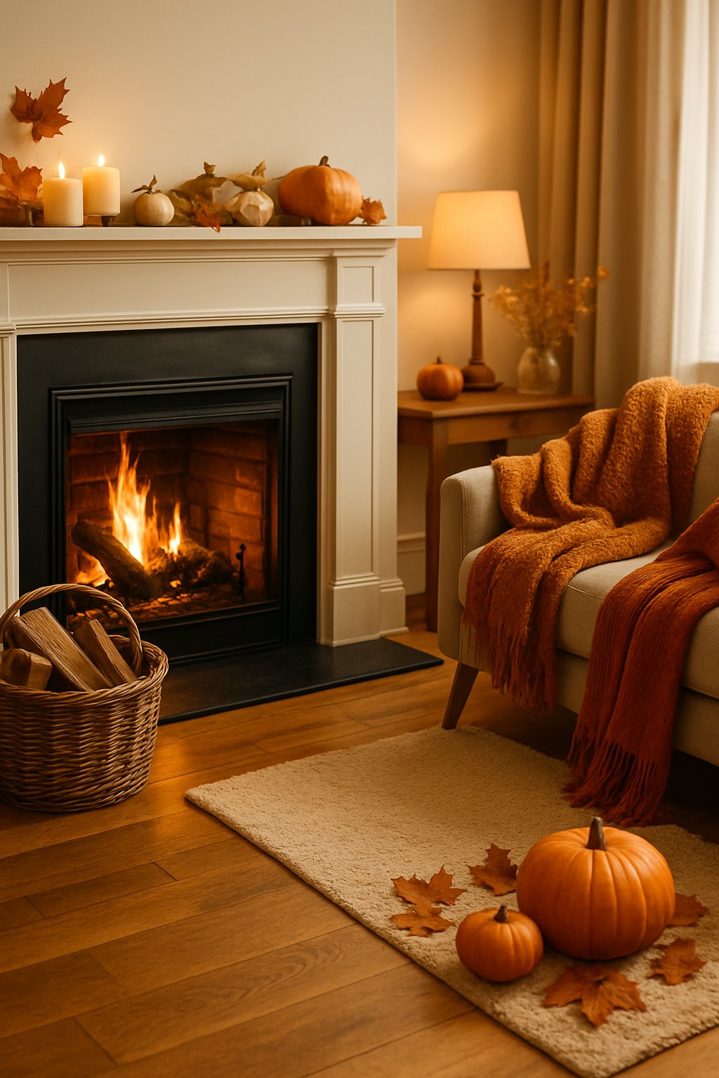 A basket of firewood next to a fireplace in a cozy living room decorated for fall.