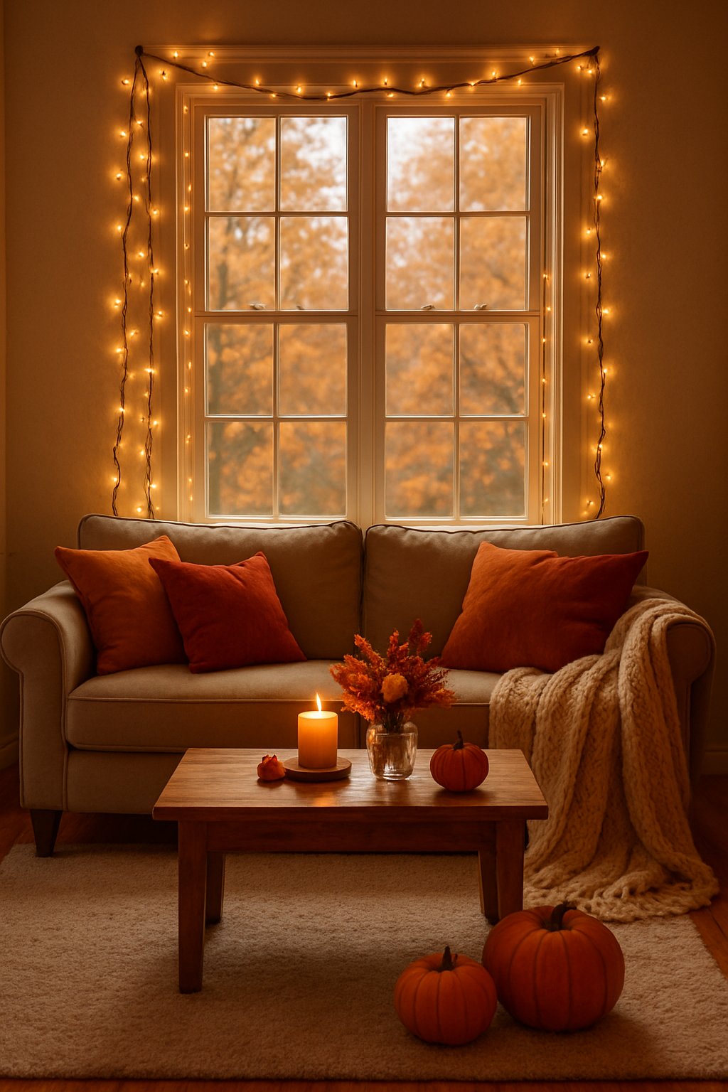 Cozy living room with fairy lights draped around a window, autumn decorations, and warm lighting.