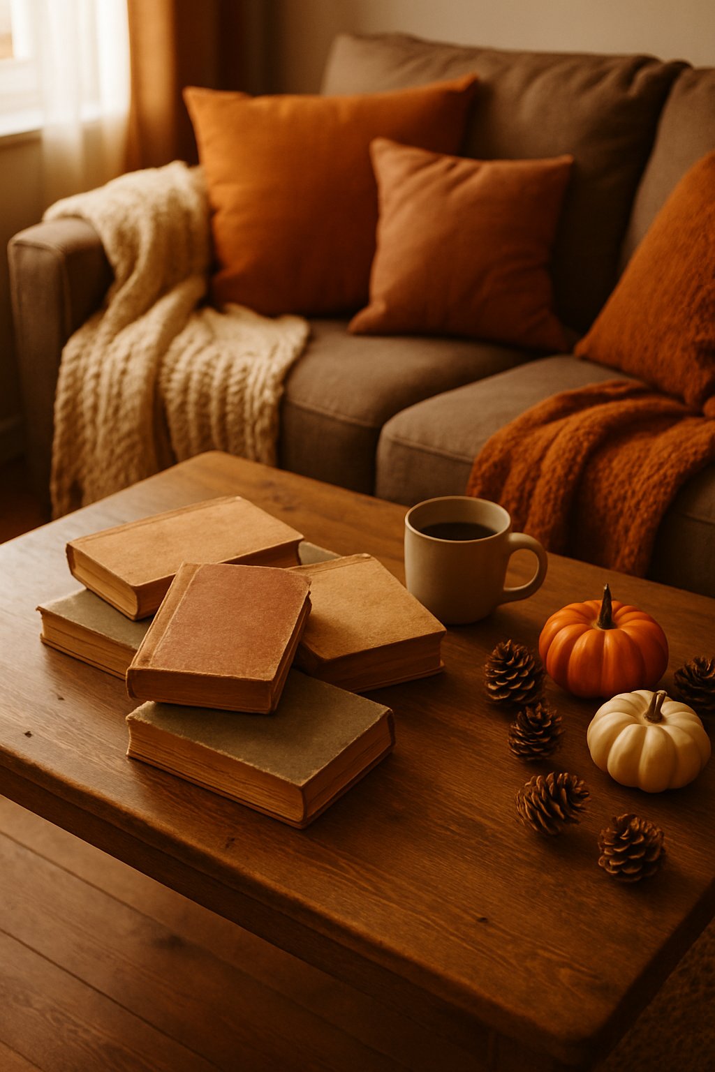 A cozy living room with a coffee table holding several vintage books and autumn decorations.