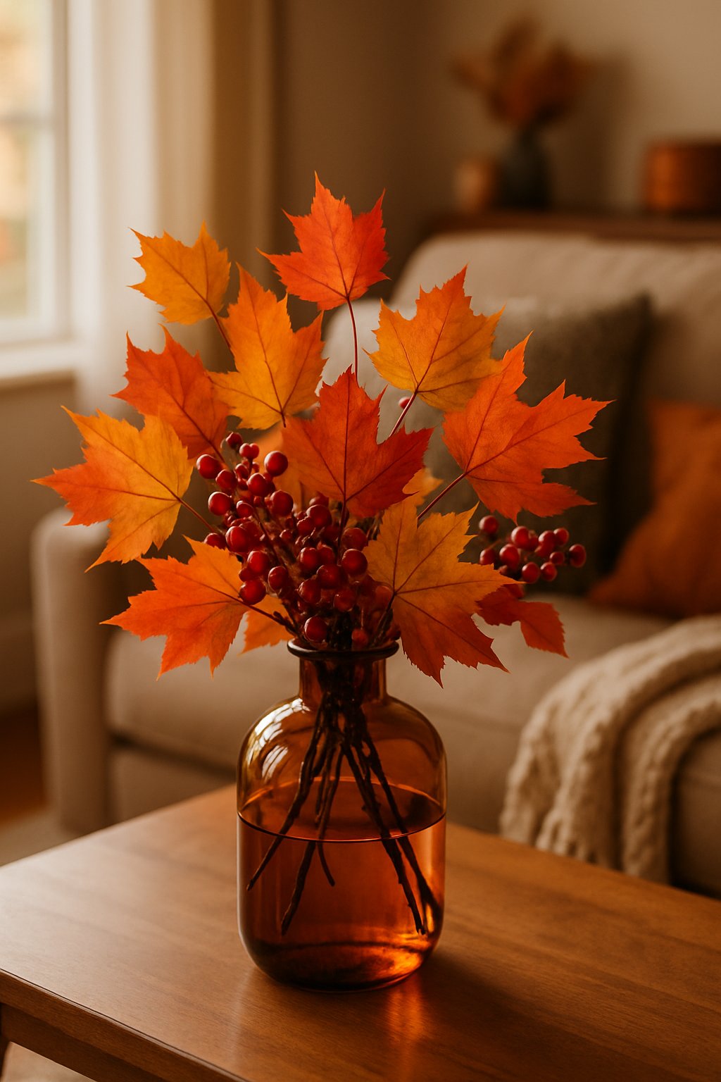 An amber glass vase filled with colorful fall leaves and red berries on a wooden table in a cozy living room.