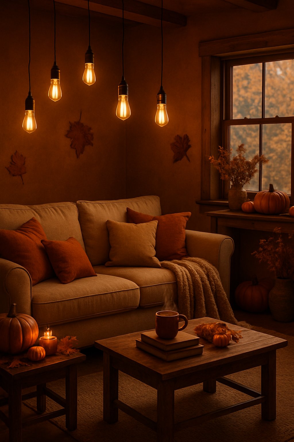 A cozy living room with warm lighting, autumn decorations, a sofa with cushions and a throw blanket, and a coffee table with a mug and books.