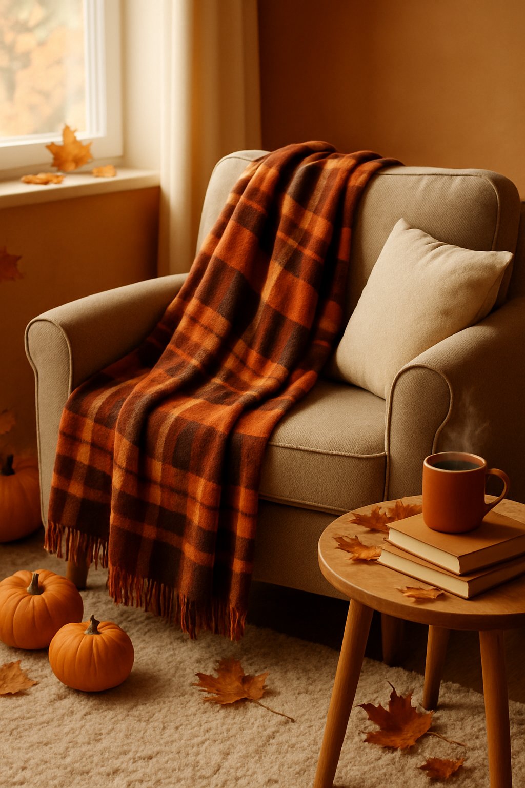 An armchair with a plaid flannel blanket draped over it in a cozy fall living room with autumn decorations and soft natural light.