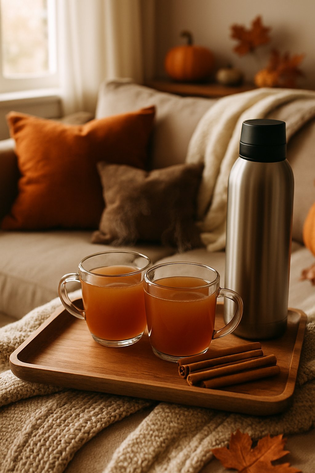 A wooden tray with steaming mugs of apple cider, cinnamon sticks, and a thermos on a table in a cozy fall living room.