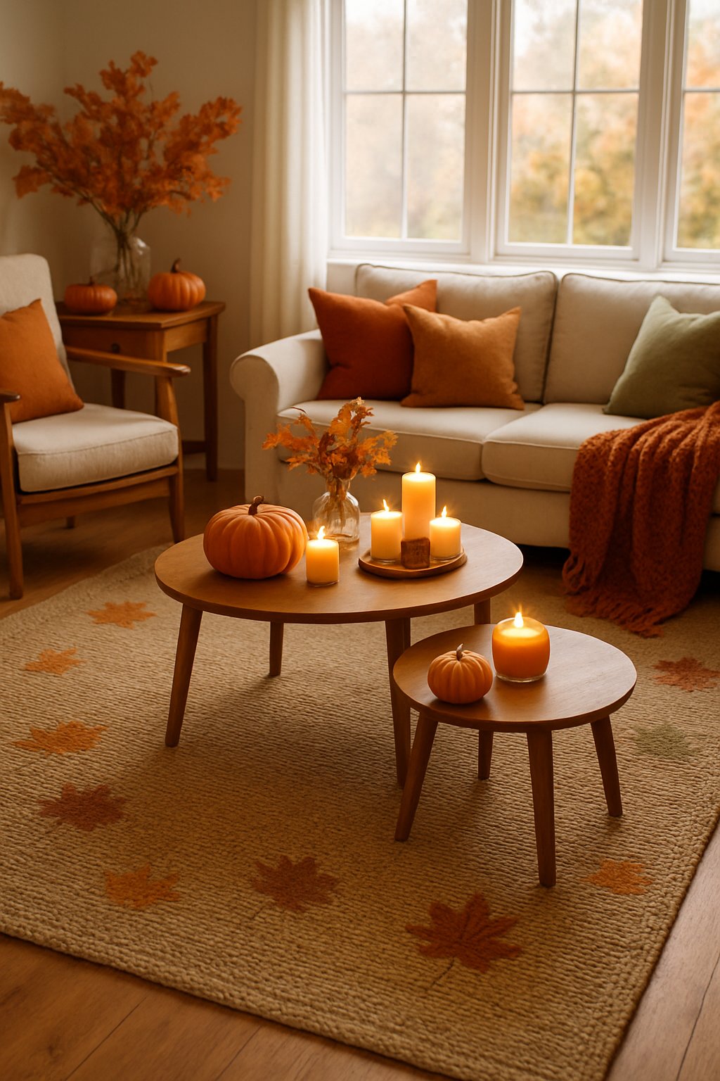 Cozy living room with a jute rug featuring subtle fall leaf patterns, warm seating, and autumn decorations.
