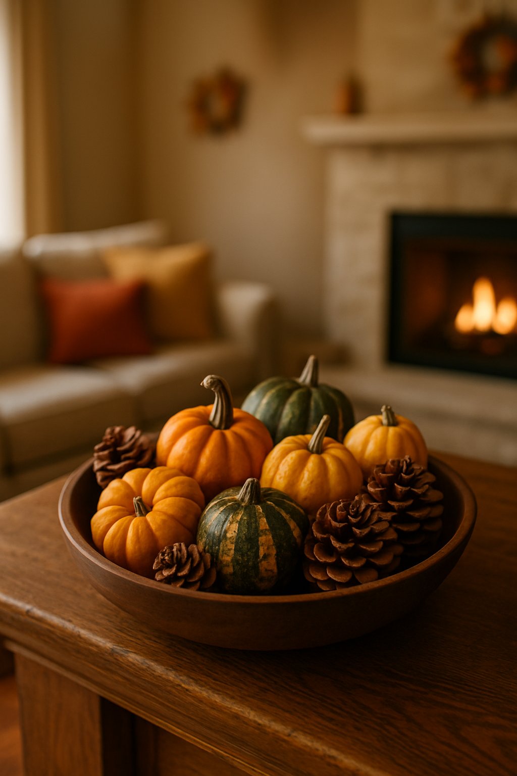 A bowl of mini gourds and pine cones displayed on a mantel in a cozy living room.