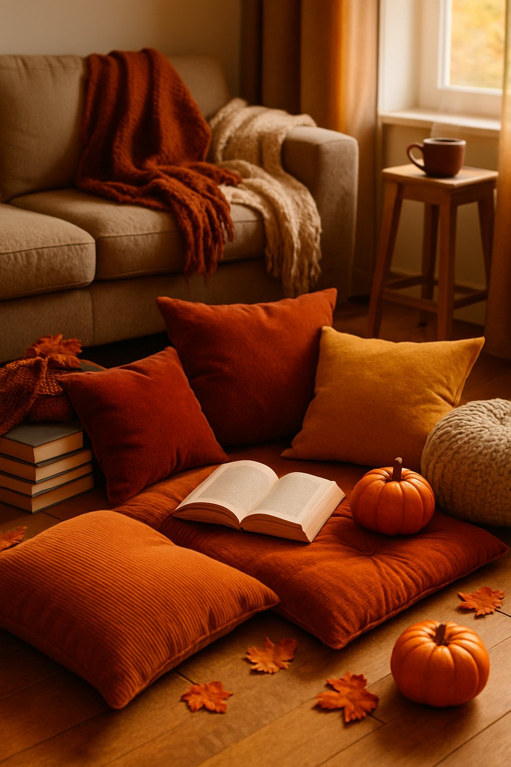 A cozy reading nook with floor cushions and a soft pouf surrounded by fall decorations in a living room.