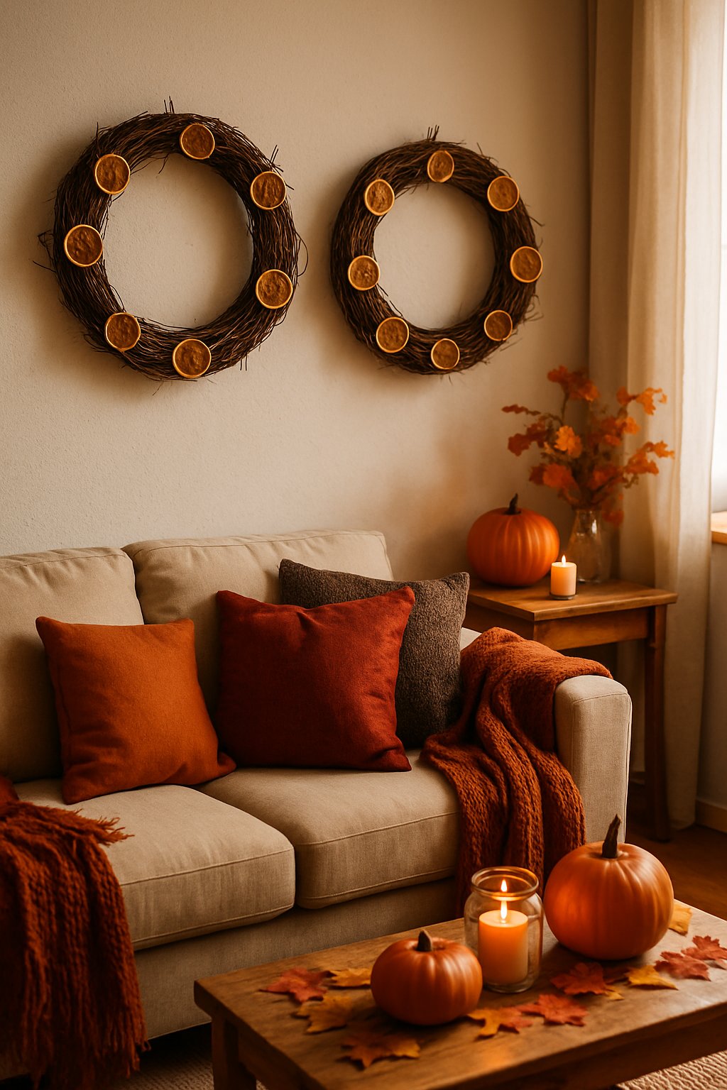 Cozy living room decorated with rustic twig wreaths and dried orange slices hanging on the wall, surrounded by warm autumn decor.