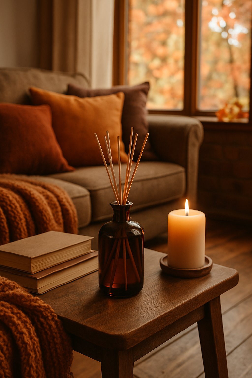 A cozy living room with a woodsy scented diffuser on a wooden table surrounded by autumn decorations and soft natural light.