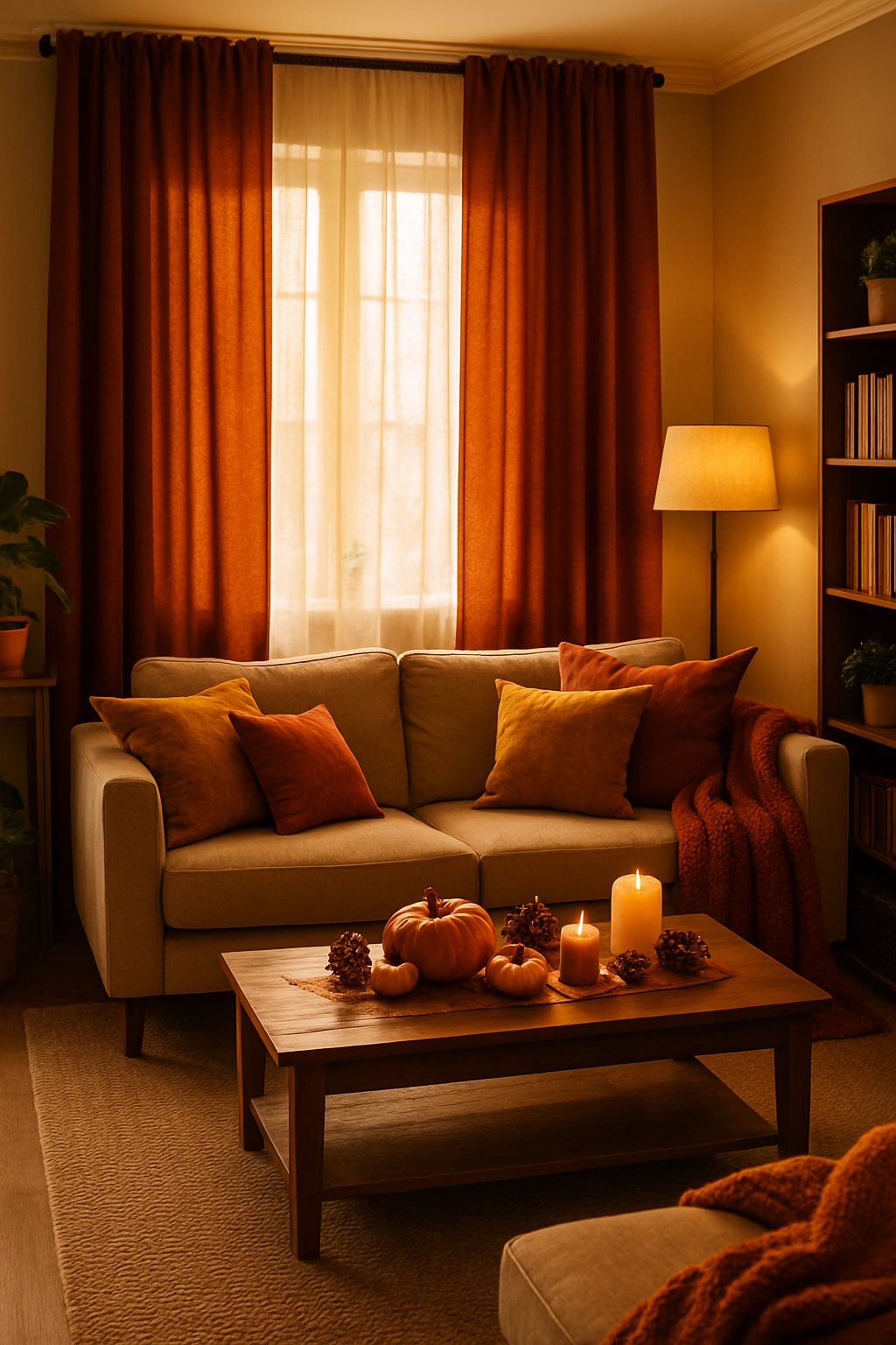 A cozy living room with heavy burnt sienna curtains, a sofa with cushions, a wooden coffee table decorated with fall items, and warm natural light.