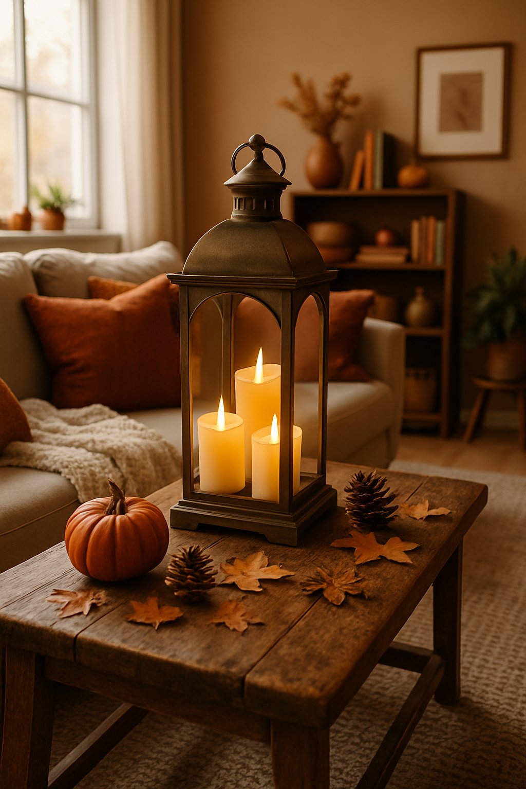 A cozy fall living room with a vintage brass lantern containing battery candles on a wooden coffee table surrounded by autumn decorations.