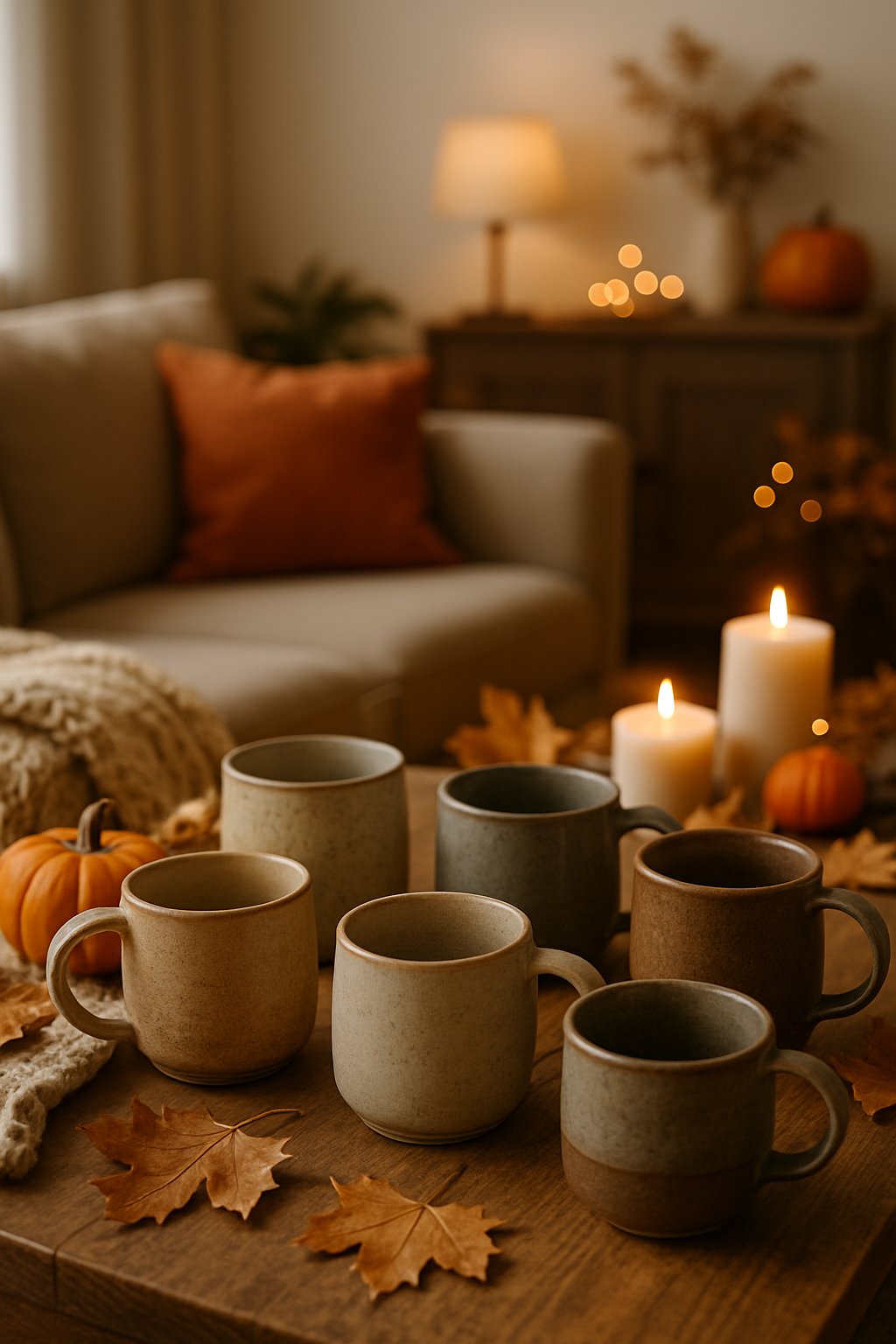 A collection of handmade ceramic mugs arranged on a wooden table in a cozy living room decorated with fall elements like pumpkins, dried leaves, and soft blankets.