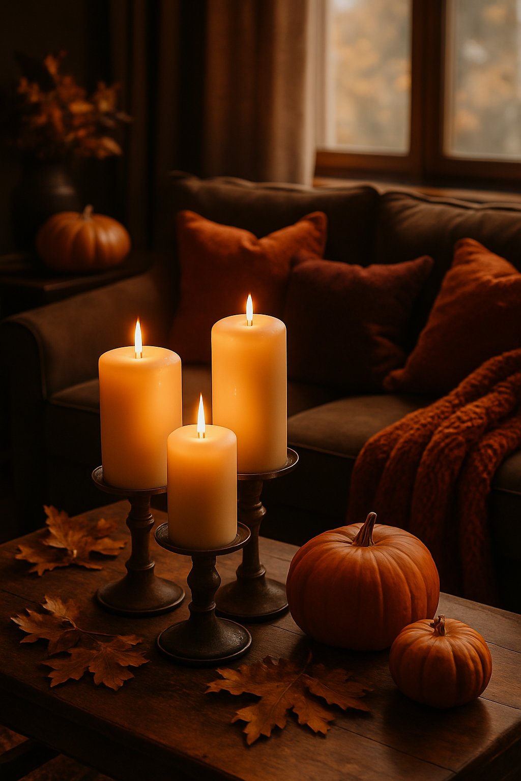 A cozy living room decorated for fall with oversized candles in iron holders, warm lighting, and autumn-themed decor.