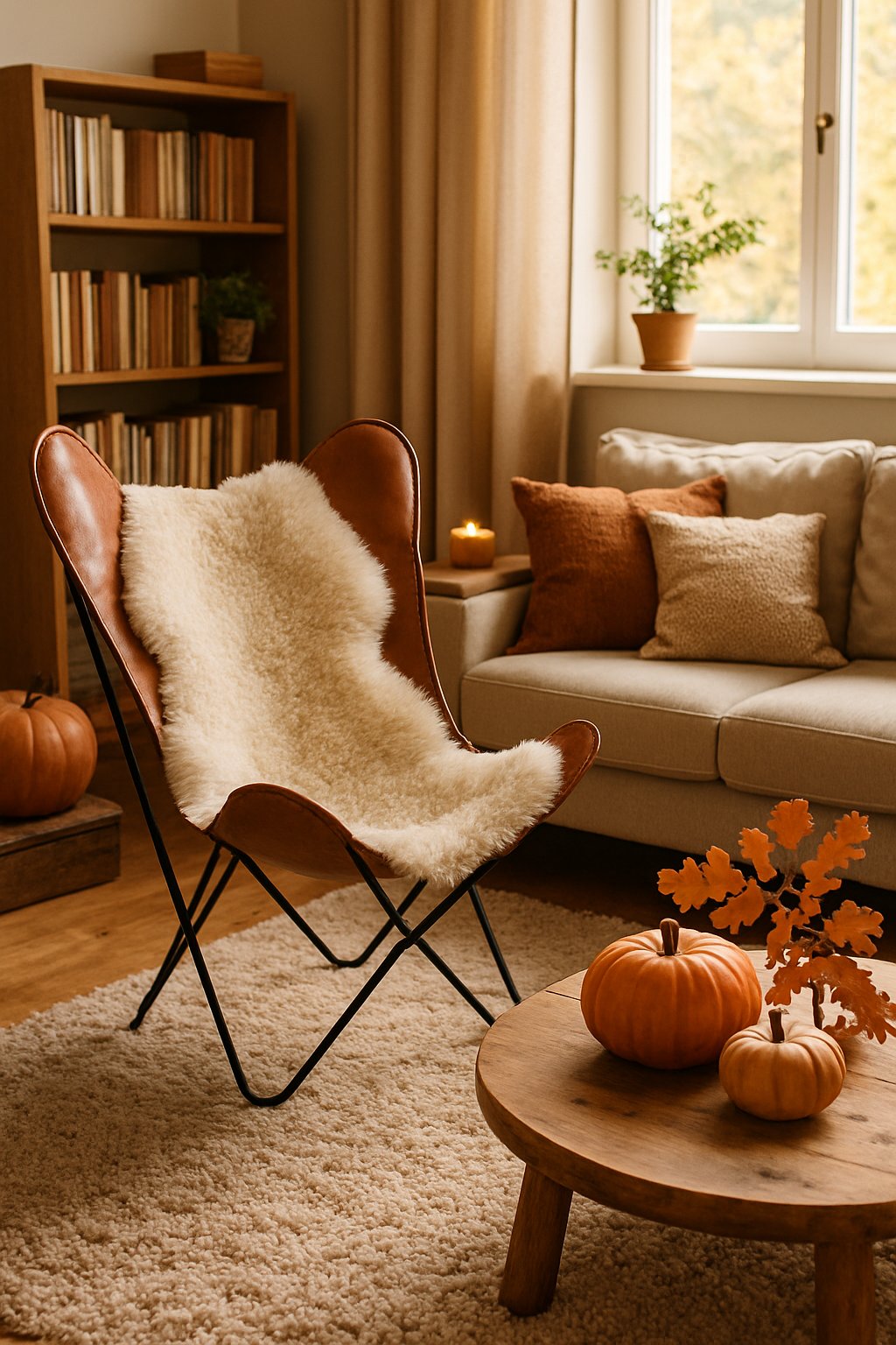 A cozy living room with a leather butterfly chair covered by a shearling throw, surrounded by fall decorations and warm natural light.