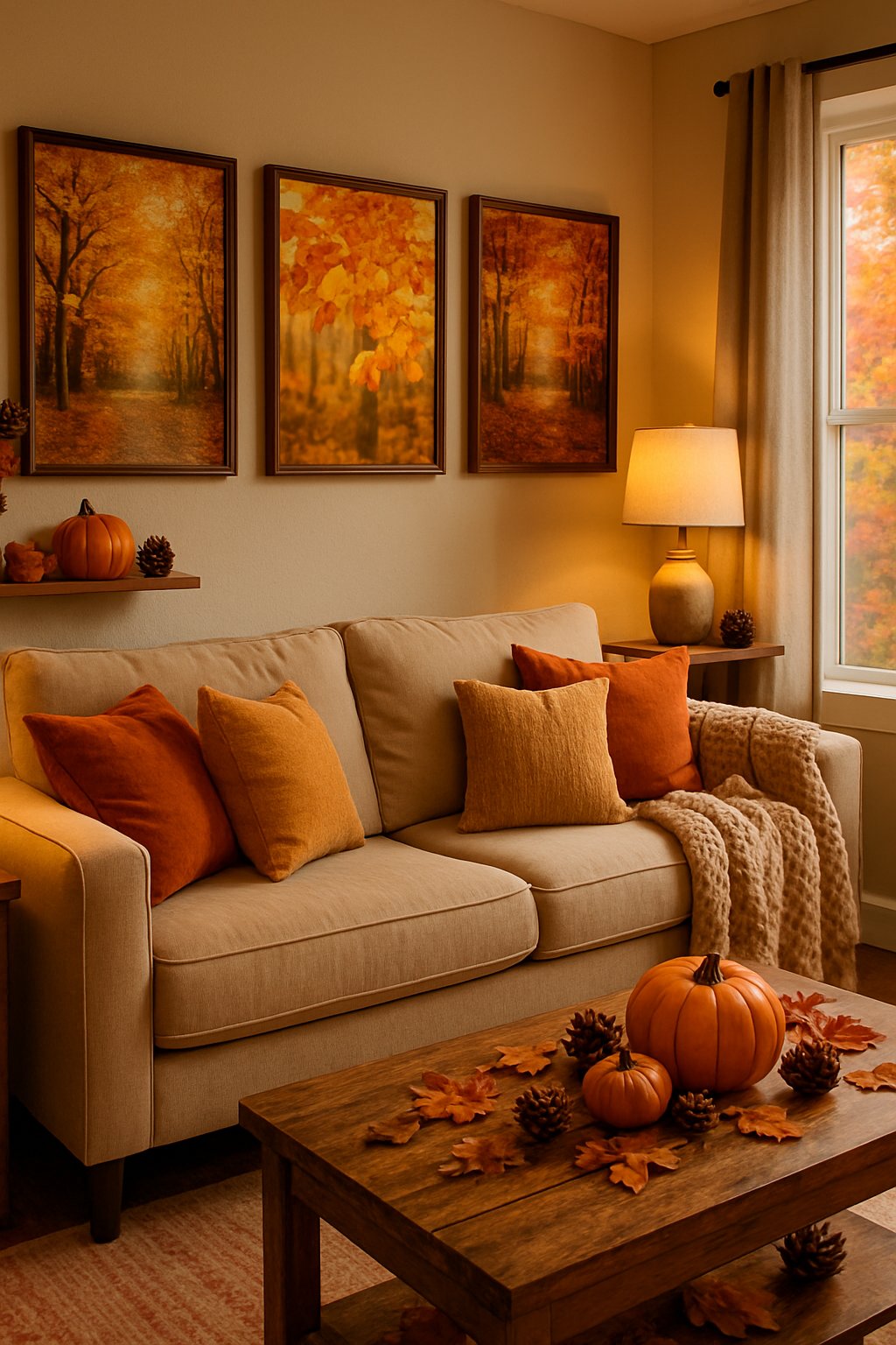 A cozy living room decorated with autumn landscape prints, warm cushions, and fall-themed decor including pumpkins and pine cones.