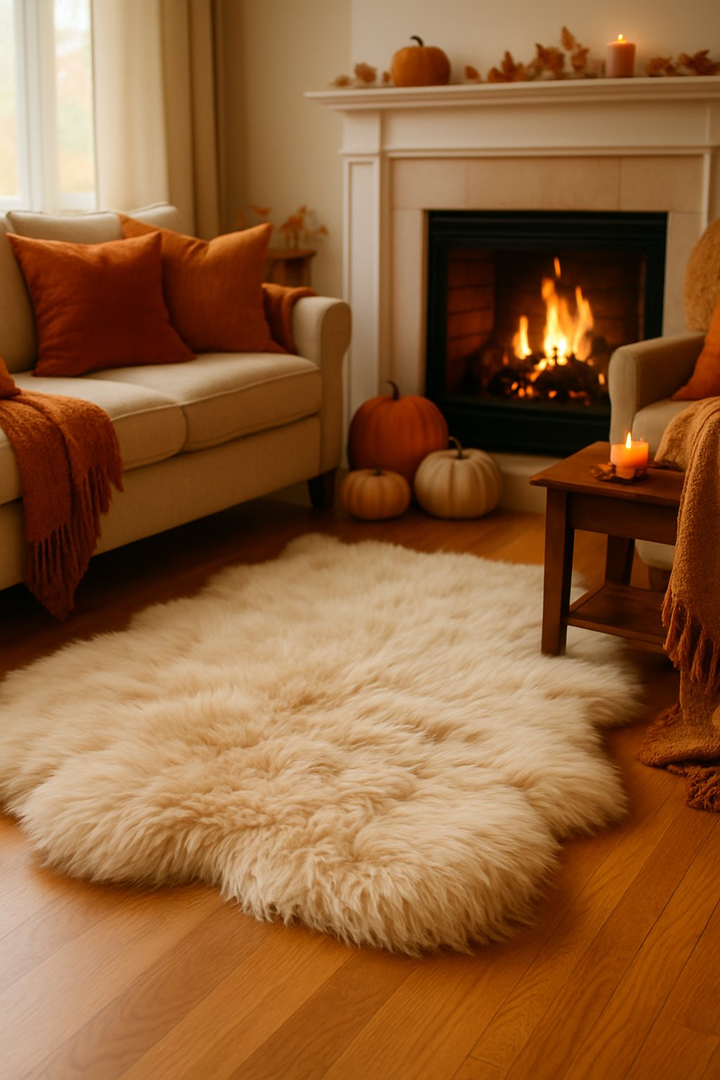 A cozy living room with a soft faux fur rug in front of a lit fireplace surrounded by autumn decorations.