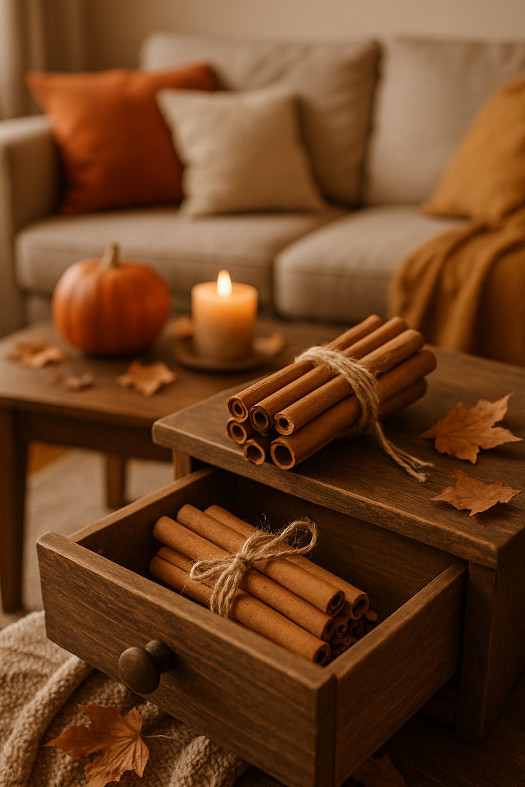 A cozy fall living room with cinnamon stick bundles tied with twine placed inside a wooden drawer as fresheners and decor, surrounded by autumn decorations.