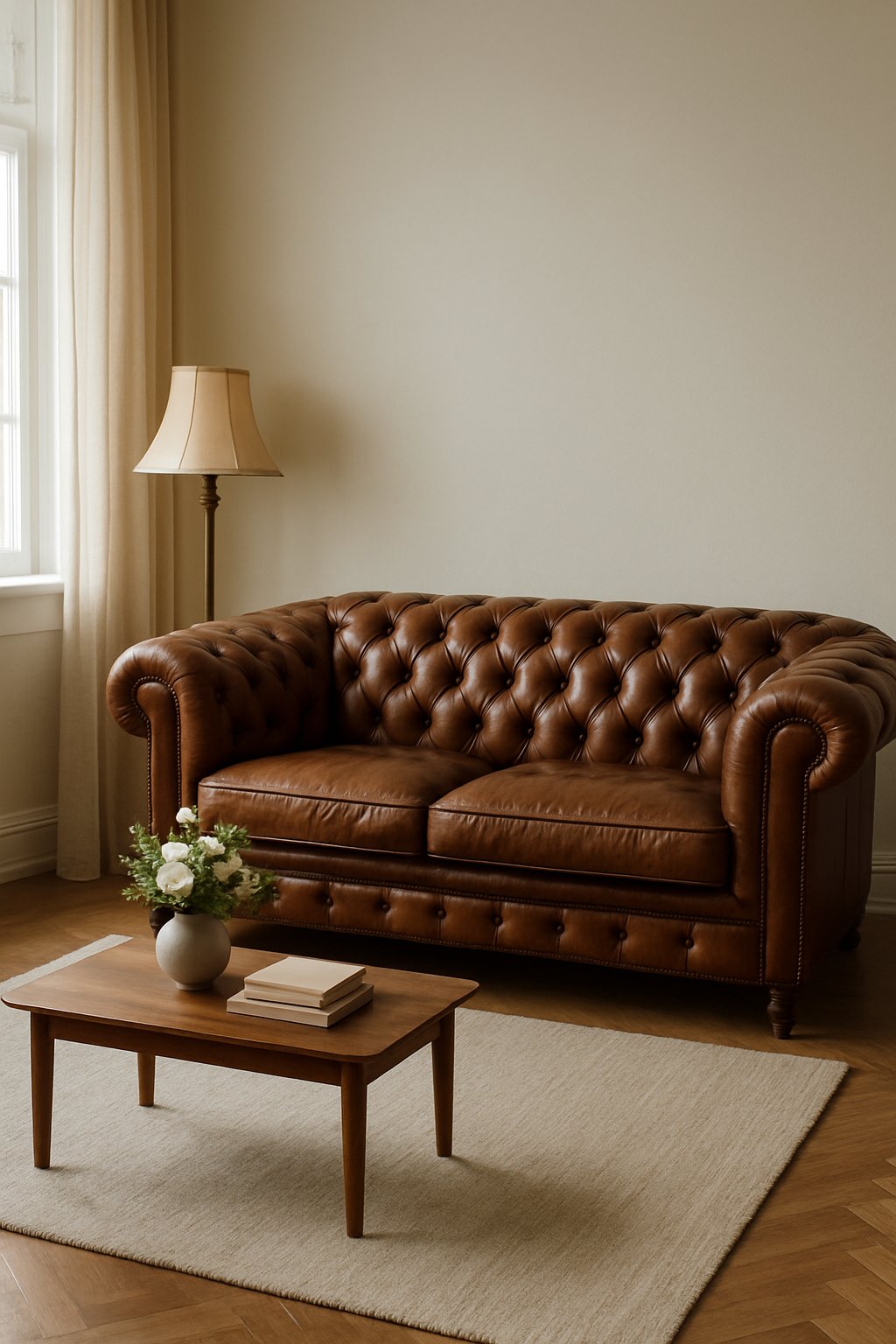 A living room with a brown leather sofa, wooden coffee table, floor lamp, and natural light coming through windows.