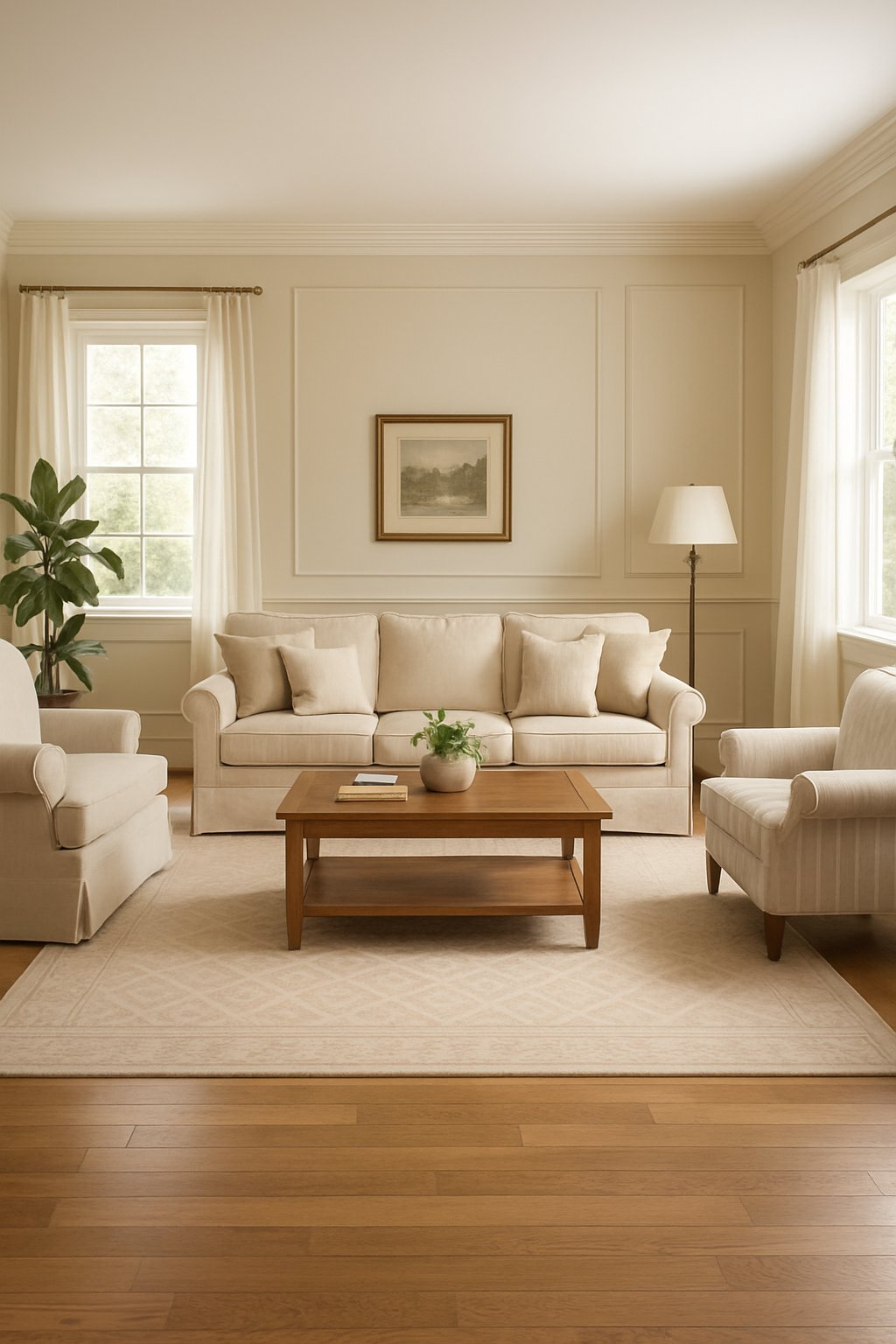 A bright living room with a sofa, armchairs, coffee table, large windows, and indoor plants.