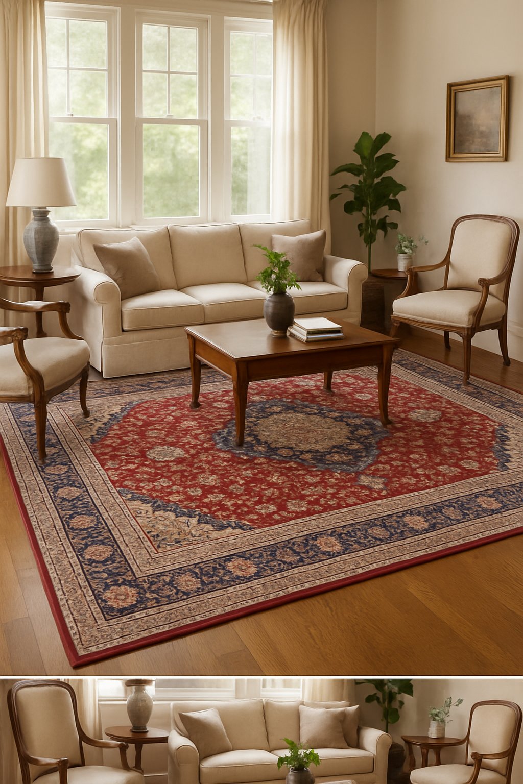 Living room with a Persian carpet, sofa, armchairs, coffee table, and plants under natural light.