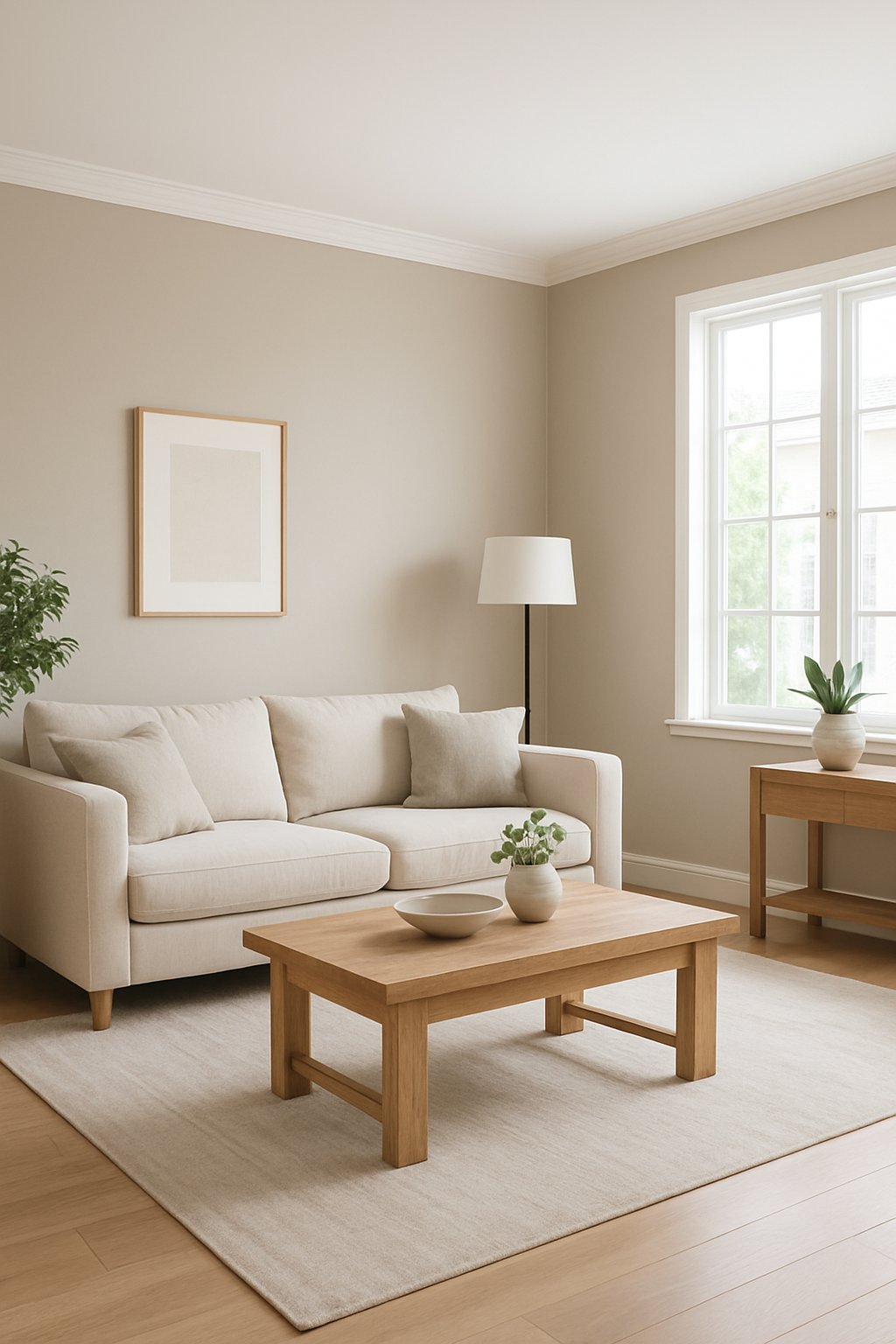 A living room with neutral-colored walls, a beige sofa, wooden coffee table, plants, and large windows letting in natural light.