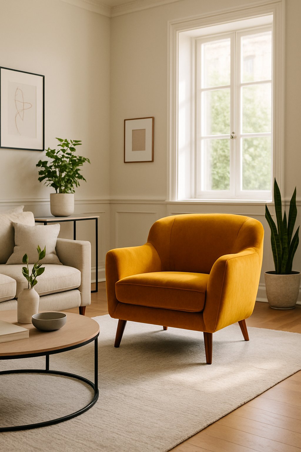 A living room with a bold-colored armchair as the centerpiece, surrounded by furniture and decor.