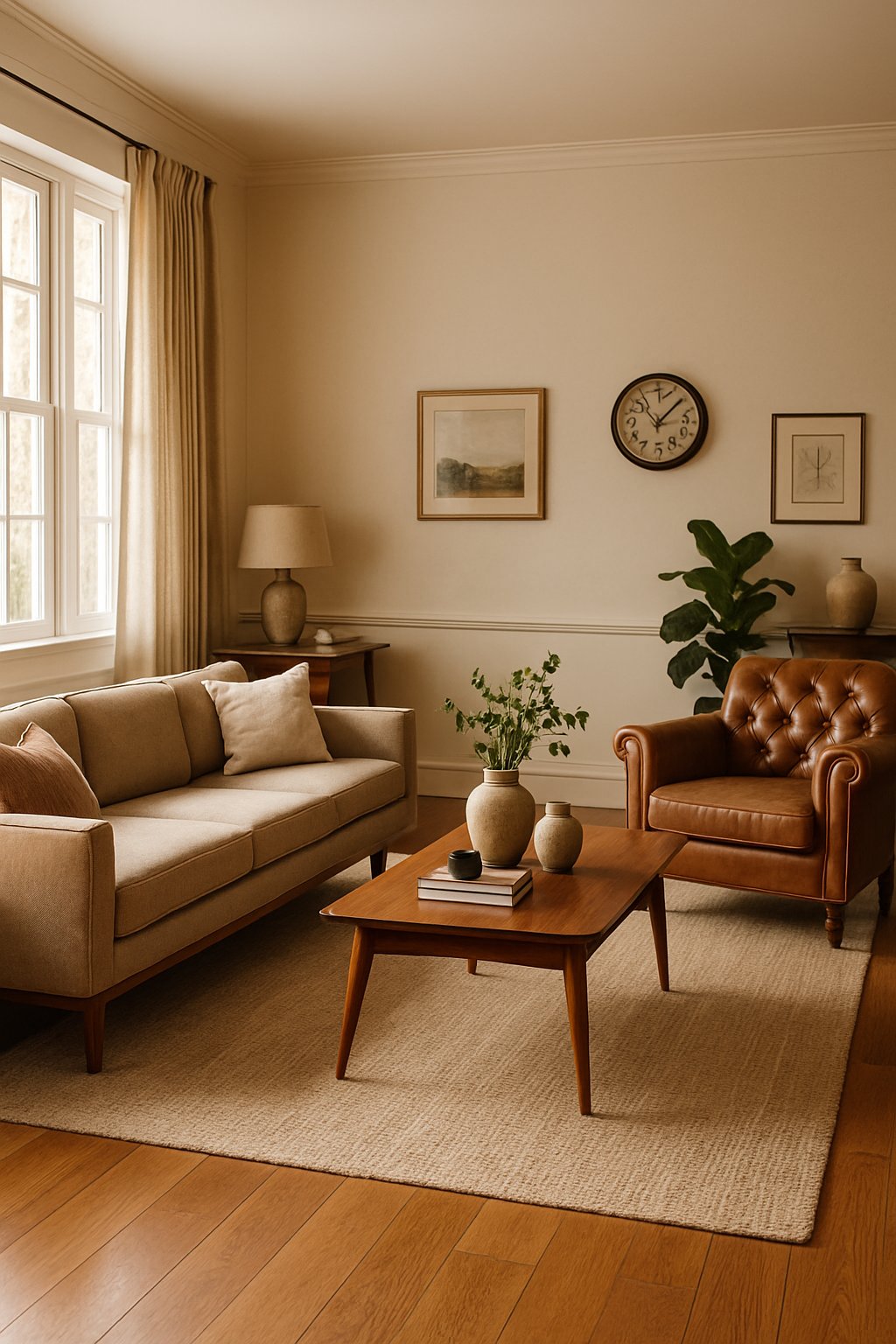 A bright living room with a sofa, armchair, coffee table, plants, and decorative items arranged in a cozy and inviting setting.