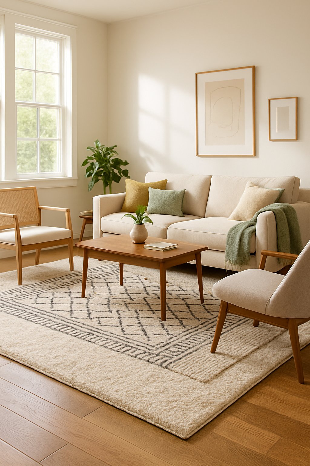 A living room with layered rugs of different textures on the floor, a sofa, chairs, a coffee table, and natural light coming through large windows.