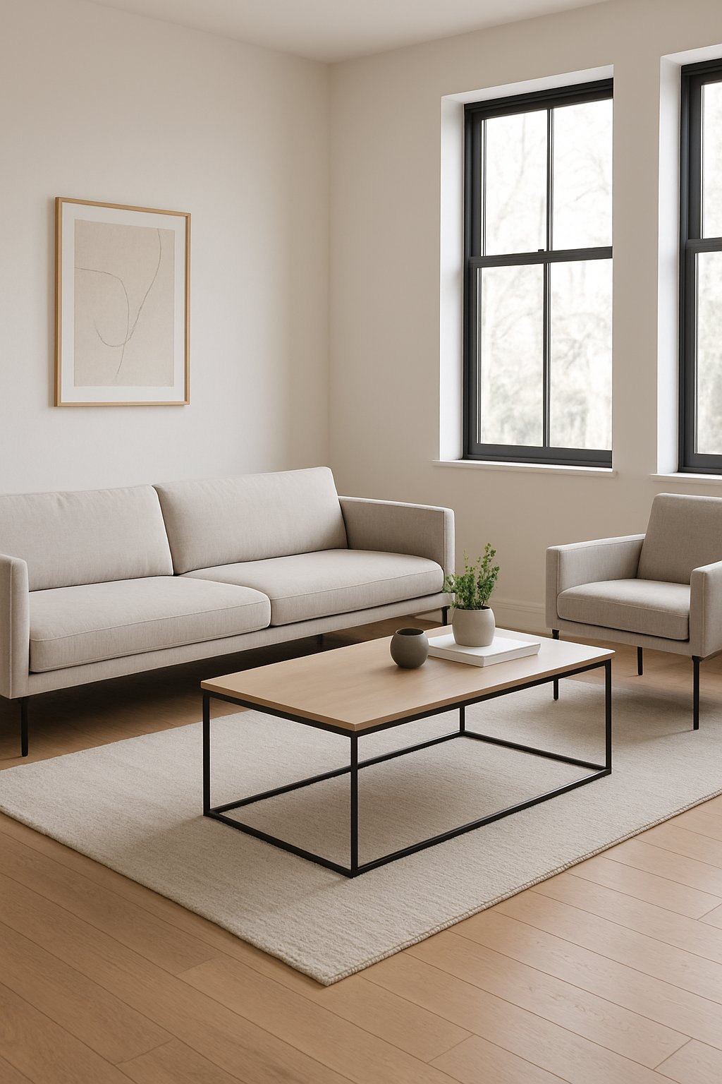 A living room with low-profile slim seating including a sofa and armchair arranged around a coffee table near large windows.