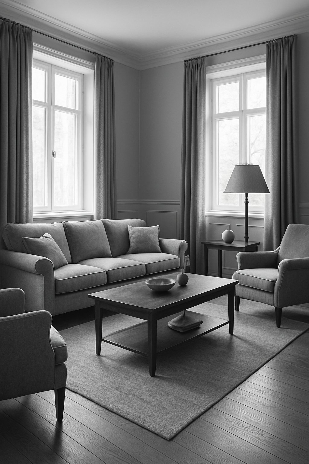 A living room with a sofa, armchairs, coffee table, floor lamp, and large windows letting in natural light.