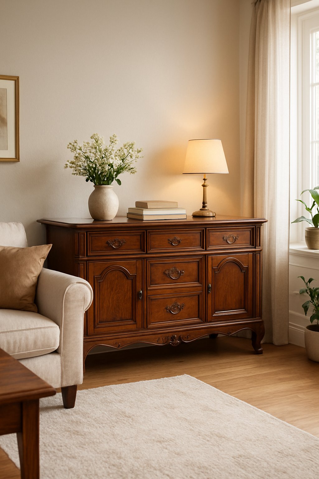 Living room with a wooden antique sideboard, sofa, area rug, and decorative items in natural light.
