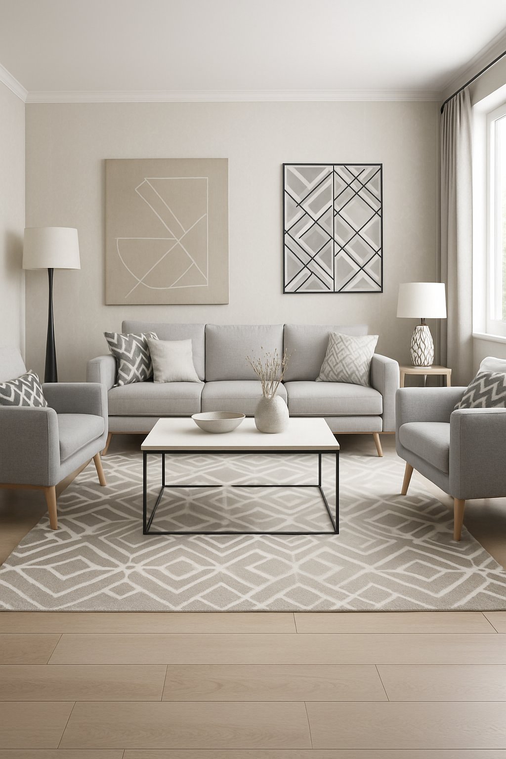 A bright living room with a sofa, armchairs, coffee table, large windows, and geometric patterned decor.