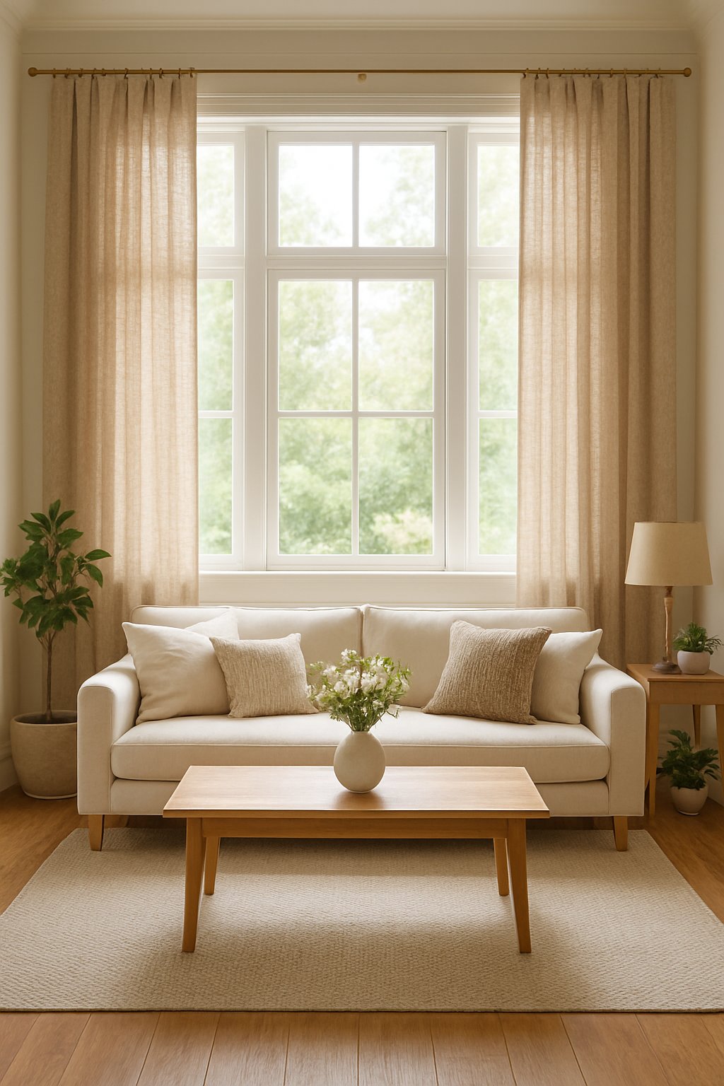 A living room with large windows covered by natural fiber curtains, a sofa, wooden coffee table with flowers, and plants, bathed in soft natural light.