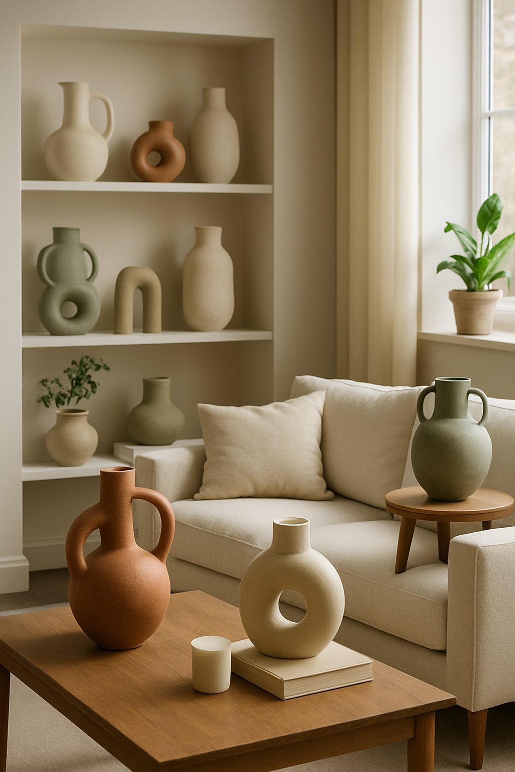 A living room with sculptural ceramic vases displayed on shelves and tables, surrounded by comfortable seating and natural light.