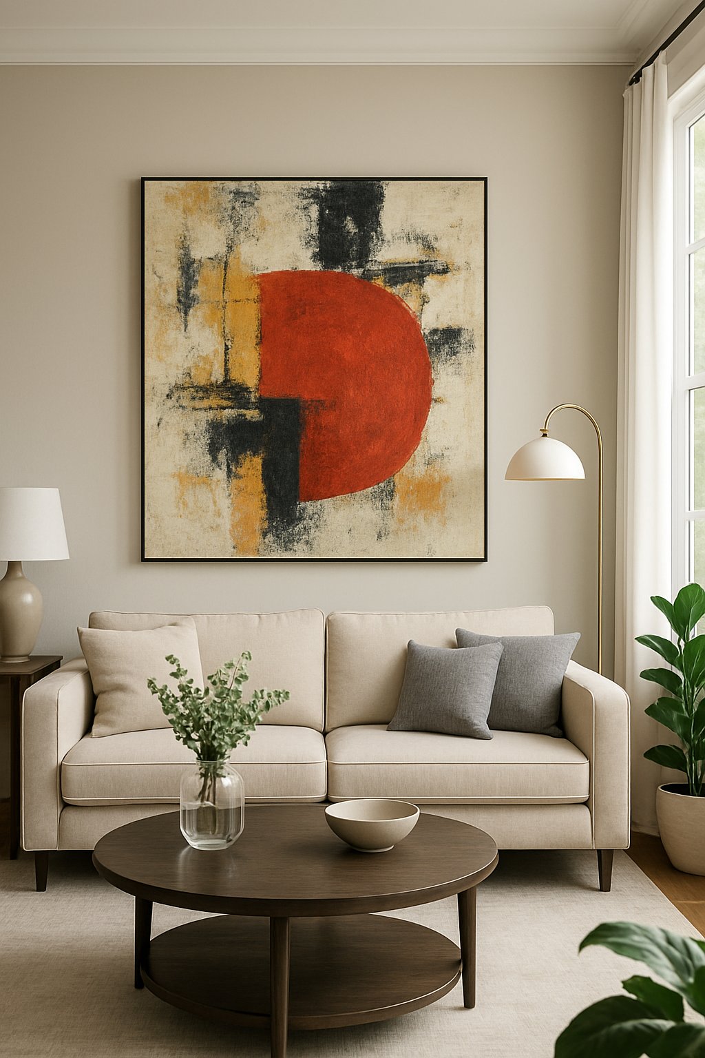 A living room with a large piece of artwork hanging on the wall, a sofa, coffee table, and natural light coming through windows.