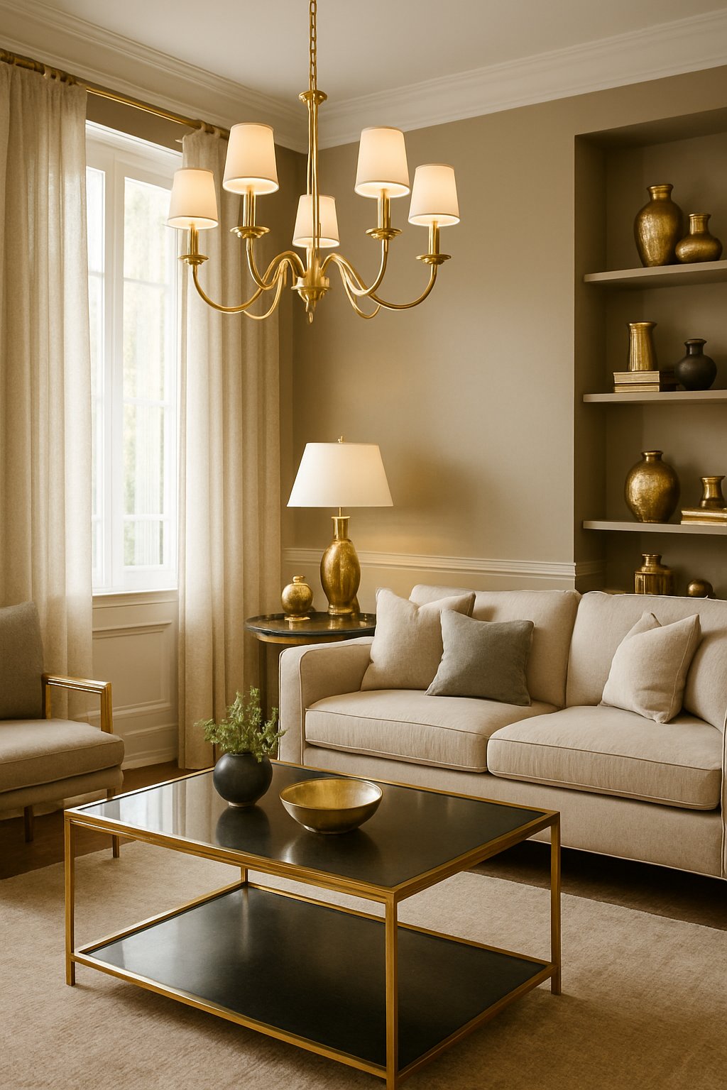 A living room with a sofa, coffee table, and lighting fixtures featuring brass and gold hardware accents.