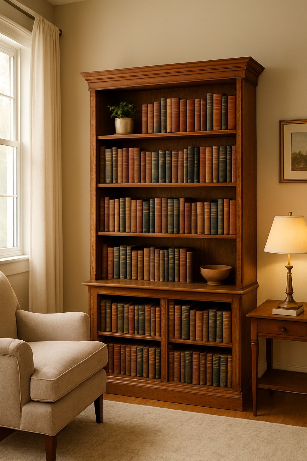 A living room with a vintage wooden bookshelf filled with classic books, an armchair, a rug, and soft lighting.