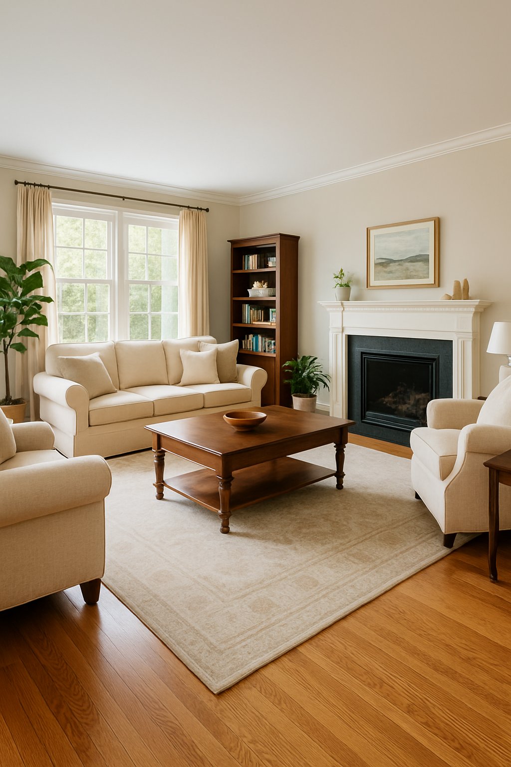 A bright living room with hardwood floors, a sofa, armchairs, a wooden coffee table, plants, and large windows letting in natural light.