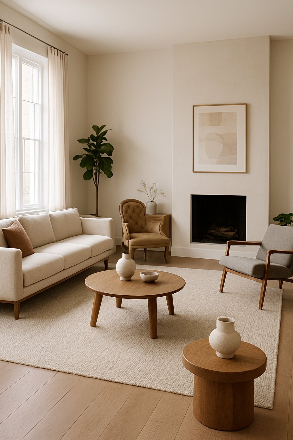 A spacious living room with neutral tones, featuring a mix of furniture, large windows, a fireplace, and indoor plants.
