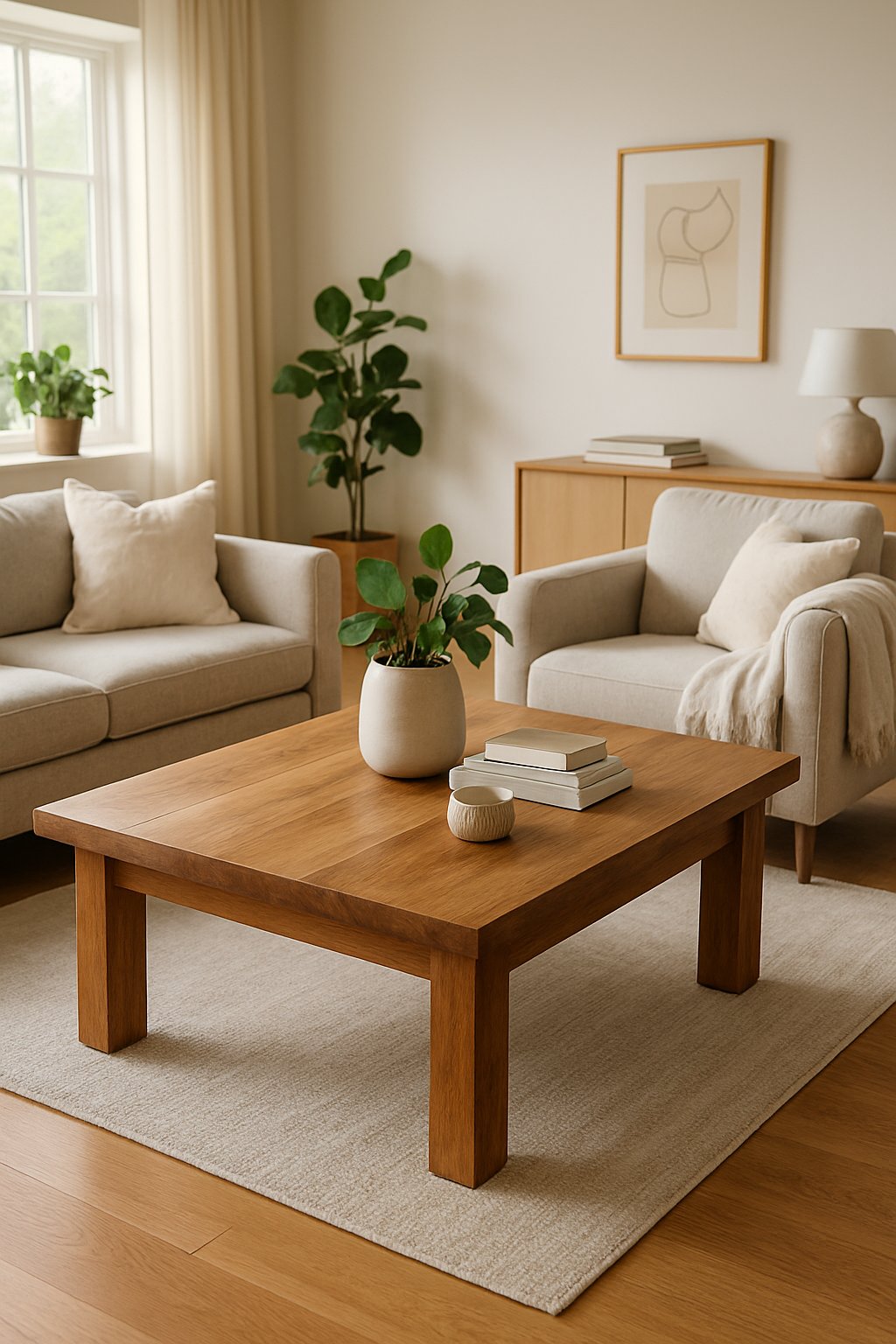A living room with a wooden coffee table surrounded by sofas, plants, and natural light.