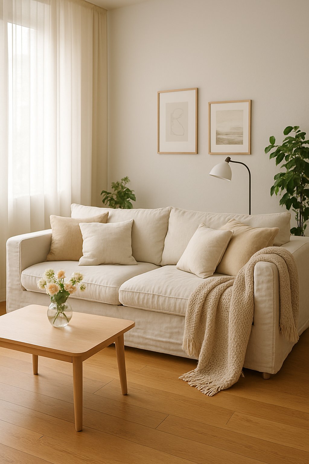 A bright living room with a large sofa covered in light-colored slipcovers, a coffee table, plants, and soft natural light.
